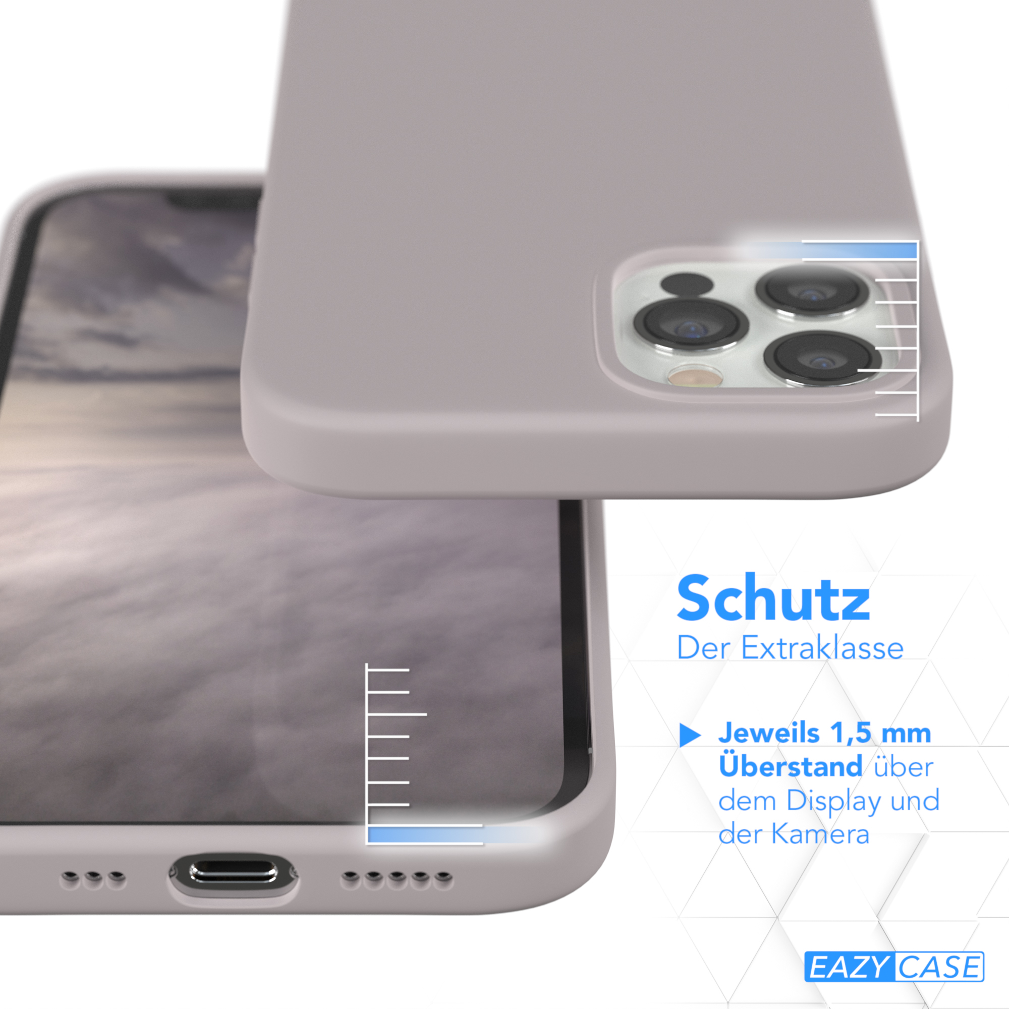 Hellgraue Handyhülle, Telefon teilweise darin. Text: Schutz, Der Extraklasse. 1,5 mm über Display und Kamera.