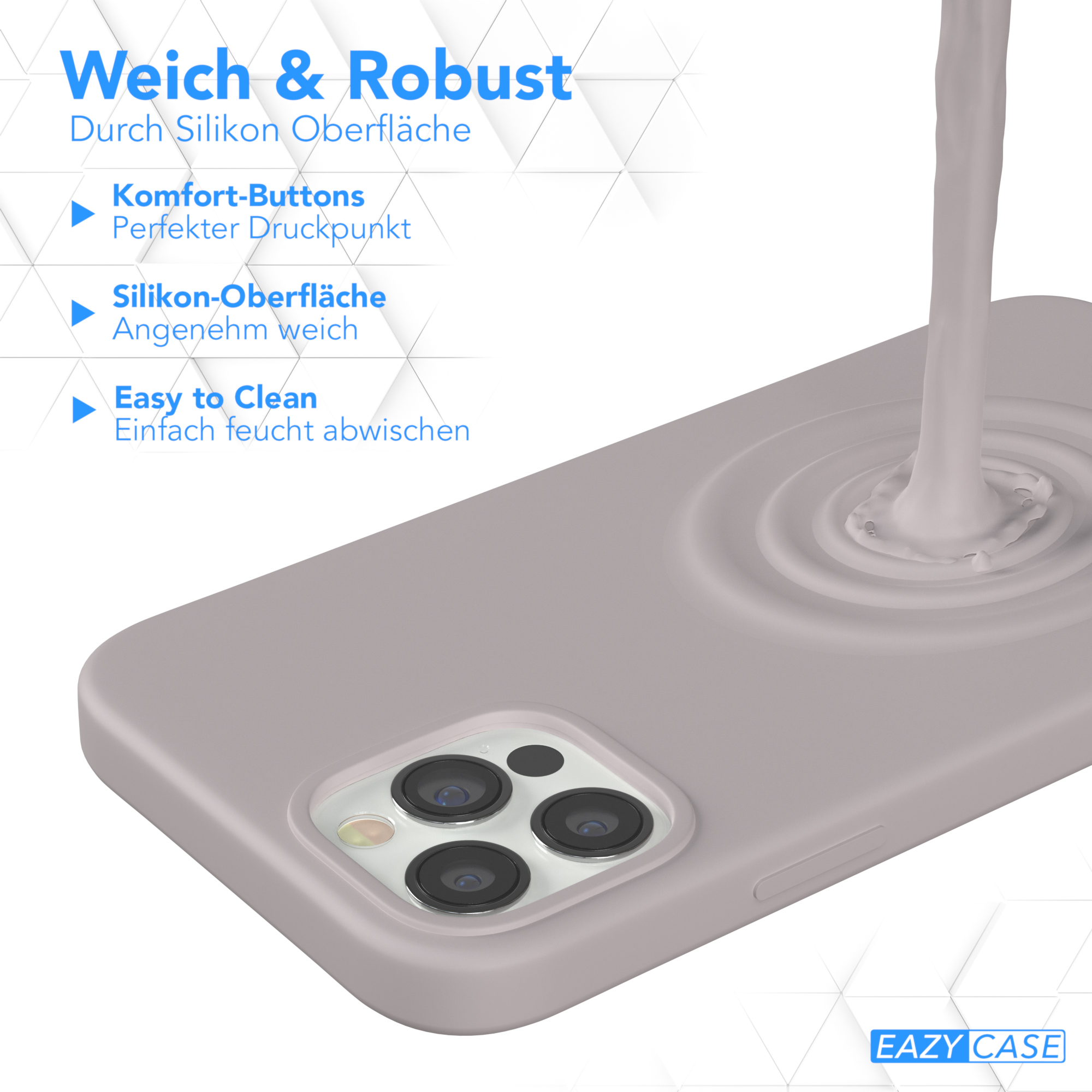 Eine Handyhülle mit einem grauen Telefon und Text, der besagt: Weich & Robust, Komfor-Buttons, Silikon-Oberflache, Easy to Clean.