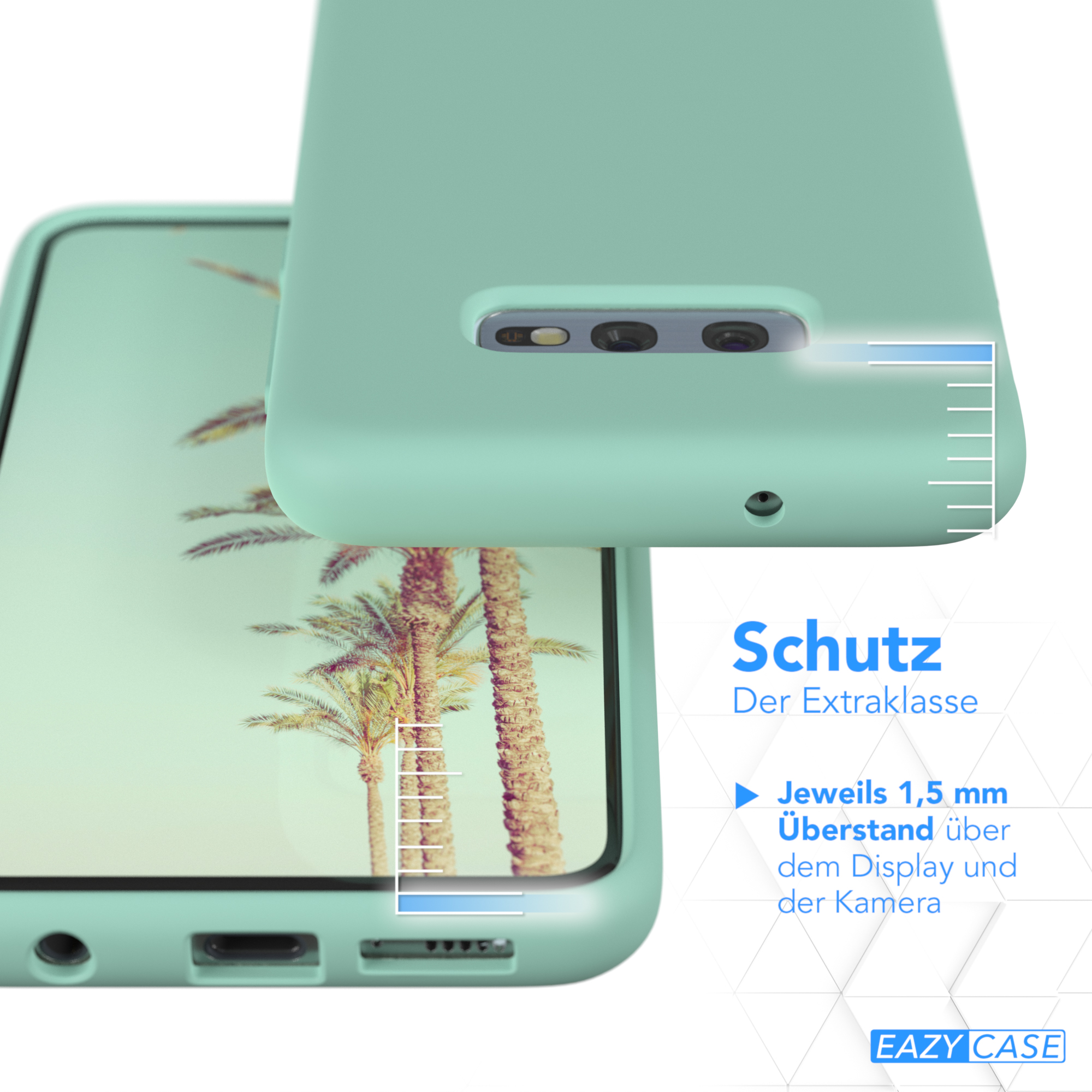 Eine Handyhülle mit einem Telefon darin. Das Telefon zeigt eine Palmen-Szene. Die Hülle ist mintgrün.