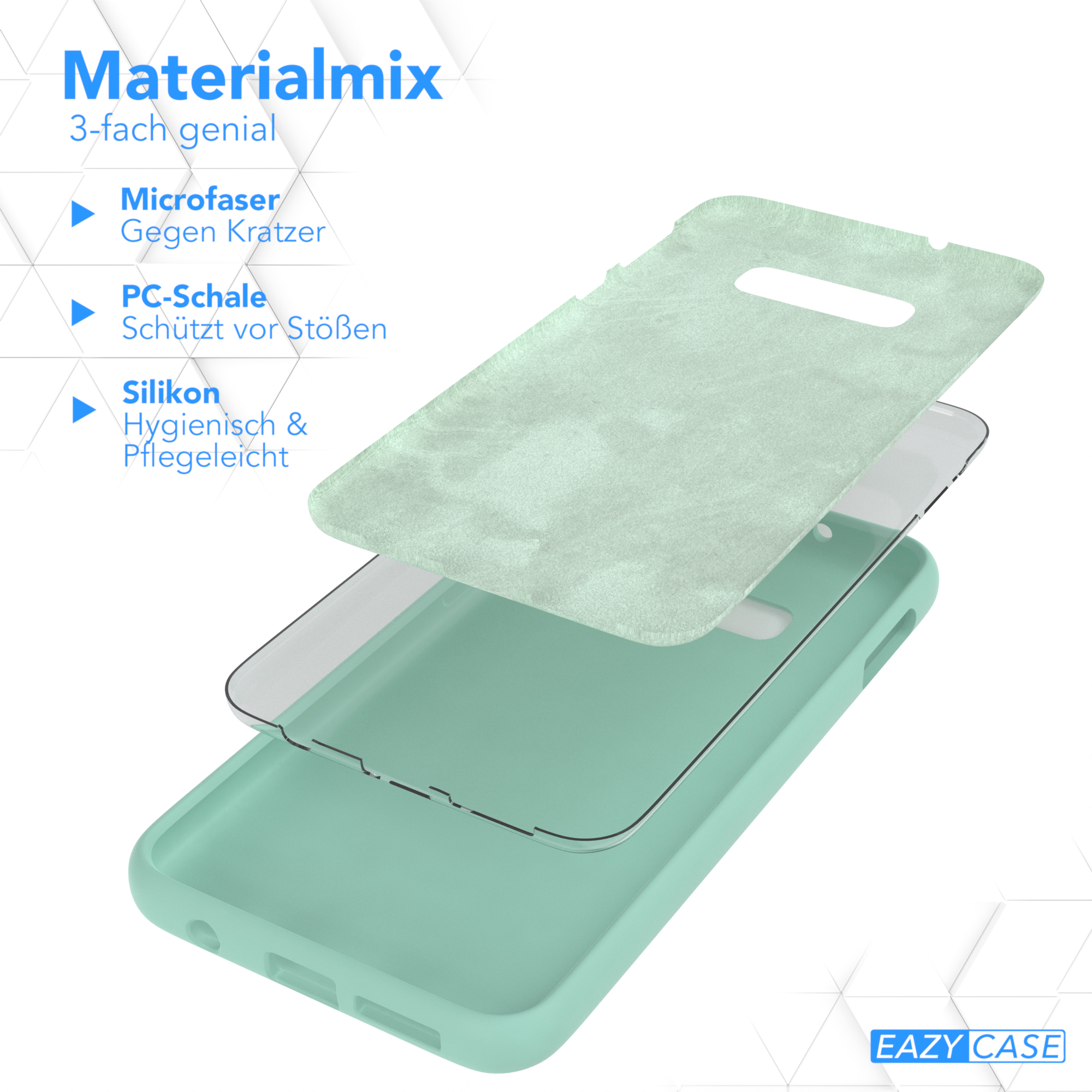 Handyhülle mit Materialschichten: Mikrofaser, PC-Schale und Silikon. Text über Materialmix.