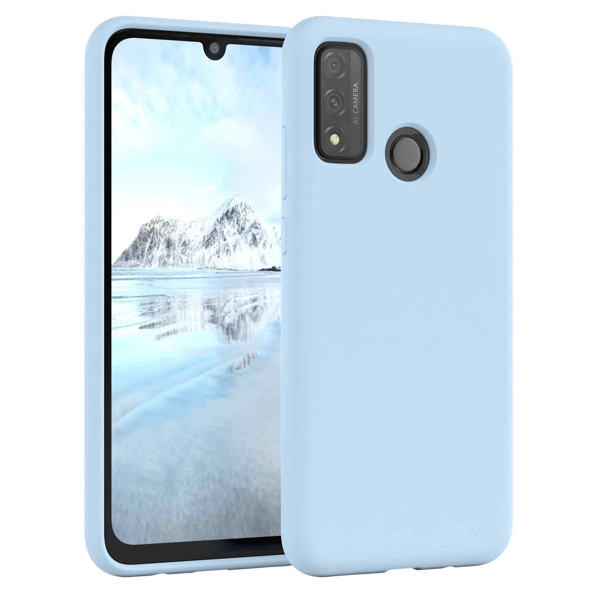 Hellblaues Telefon und Hülle mit klarer Sicht auf das Telefon und seine Kameras.