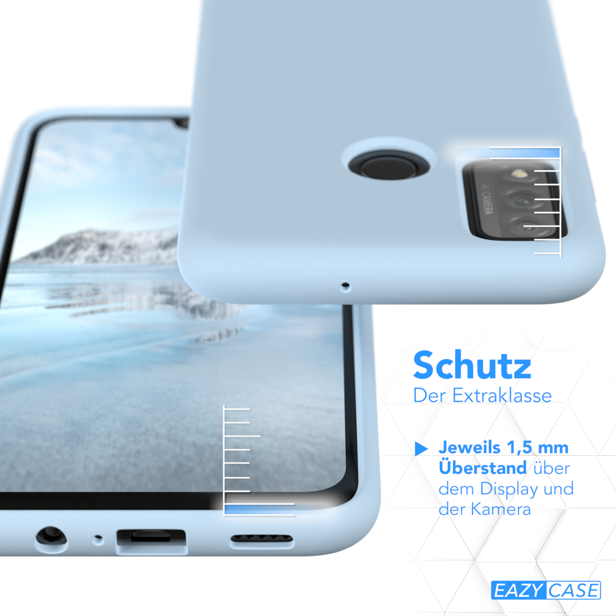 Eine hellblaue Handyhülle, die ein Telefon schützt. Die Hülle hat einen erhöhten Rand um den Bildschirm.