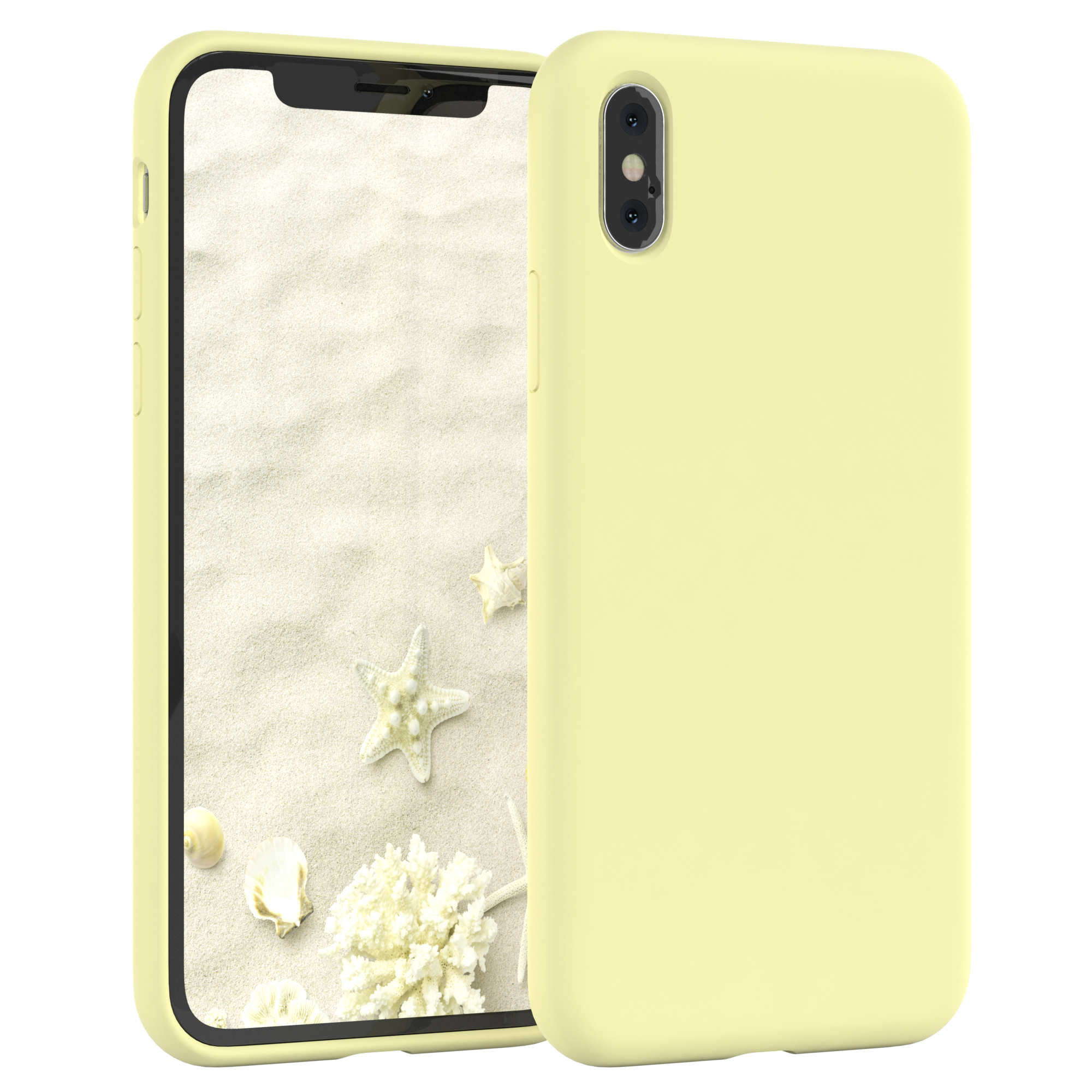 Ein Telefon in einer gelben Hülle. Der Bildschirm zeigt eine Strandszene mit Sand, Muscheln und Seesternen.