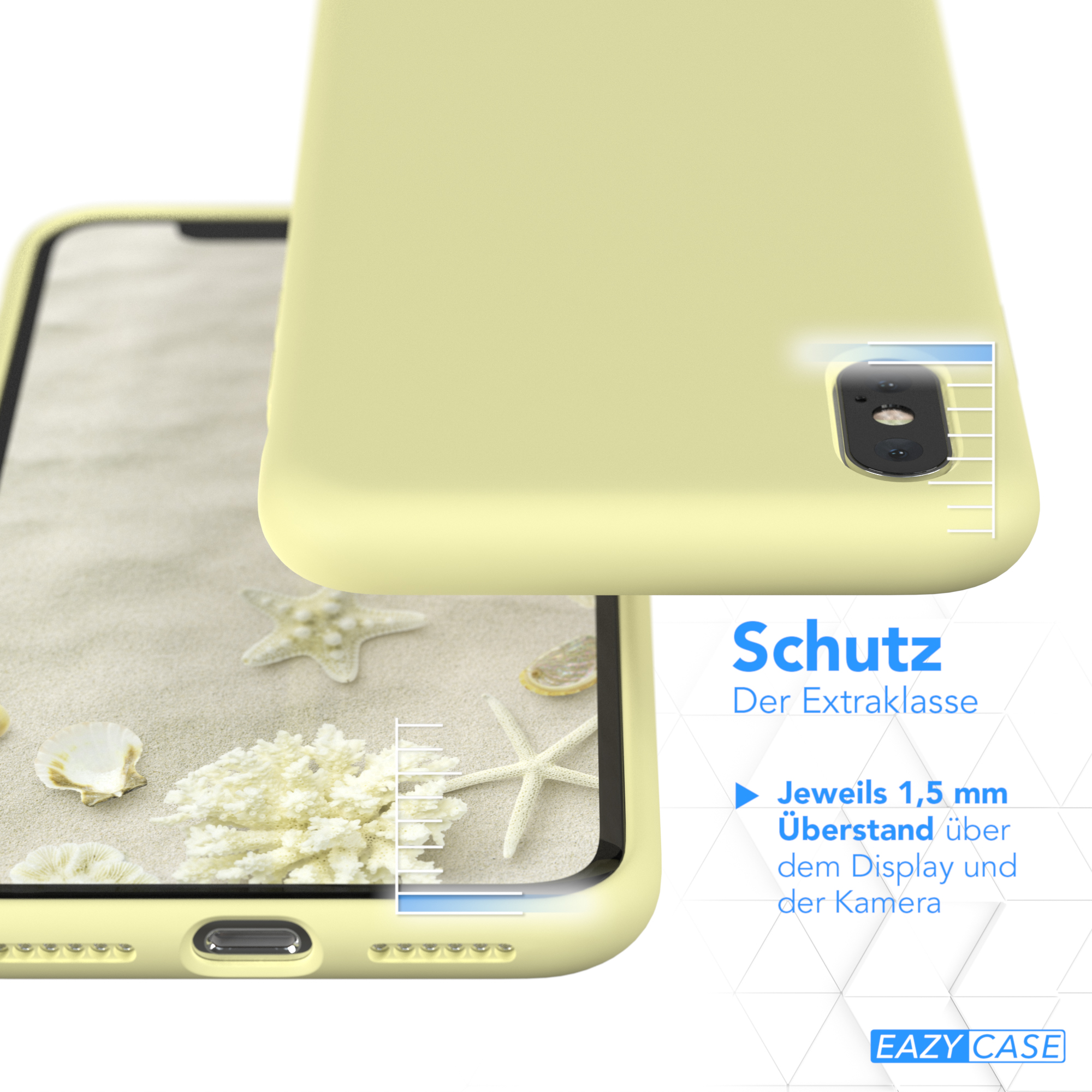 Eine gelbe Handyhülle mit erhöhtem Rand neben einem Bildschirm mit Sand und Muscheln.