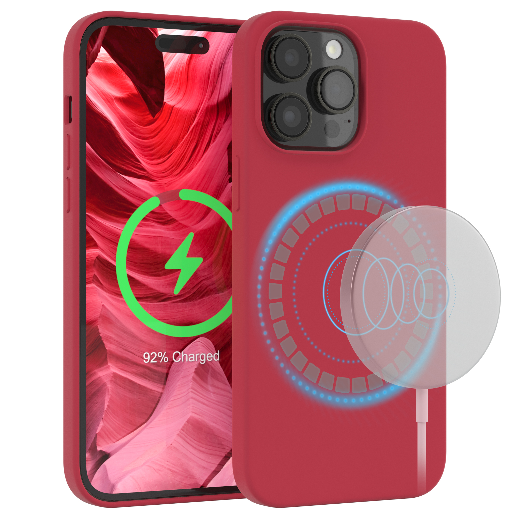 Rotes Telefon in Hülle mit Ladegerät. Telefon zeigt Ladesymbol.