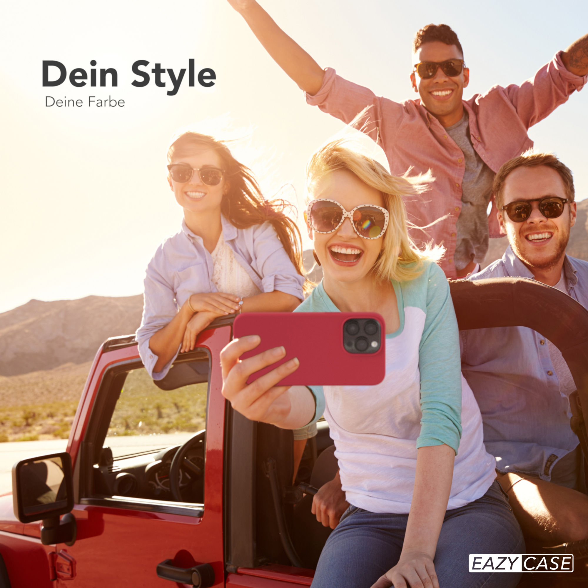 Vier Personen in einem roten Jeep machen ein Selfie. Text lautet Dein Style, Deine Farbe.