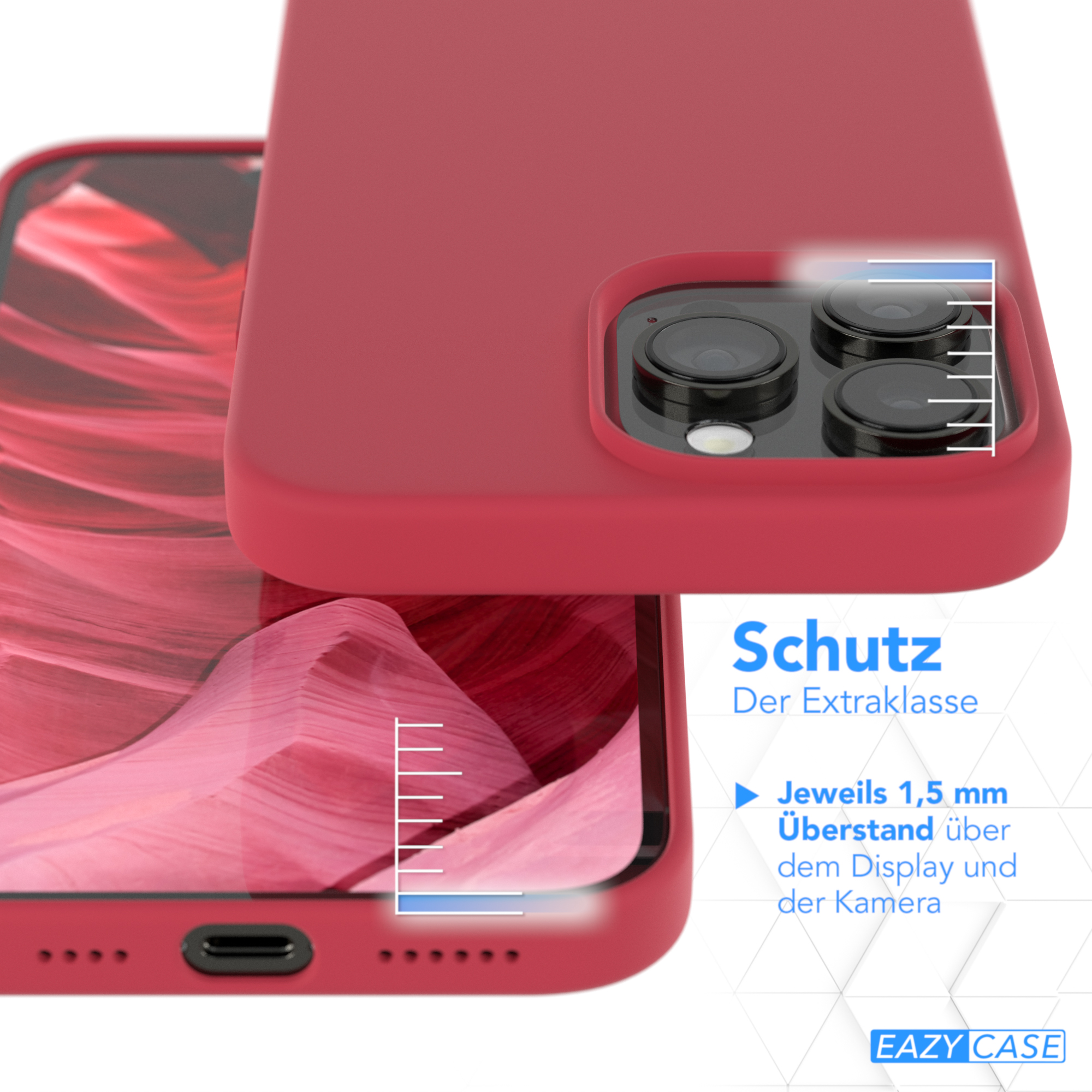 Nahaufnahme einer roten Handyhülle, mit roter Hülle oben und einem Telefon darunter. Text zeigt Extraschutz an.