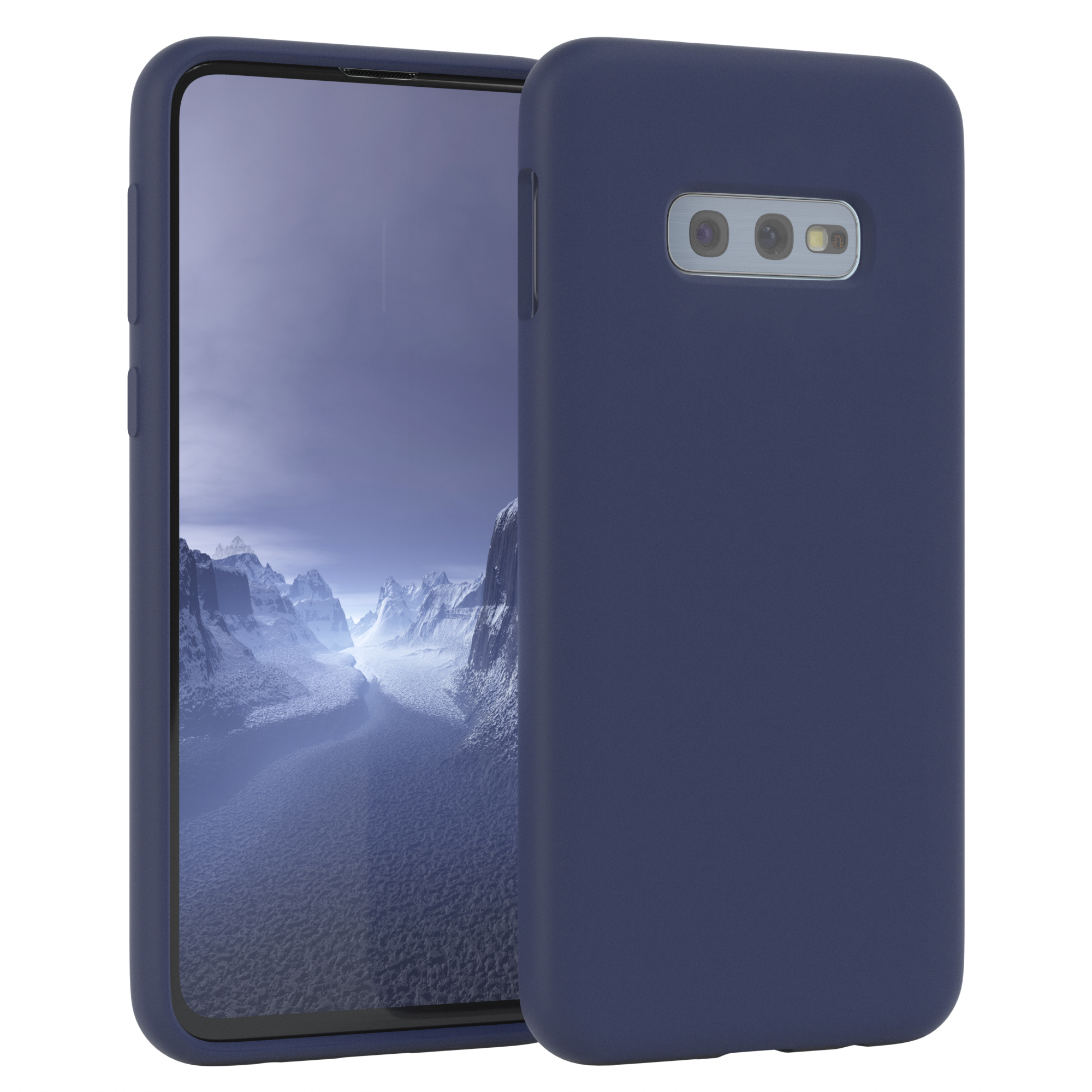 Dunkelblaue Handyhülle mit einem Telefon darin. Das Telefon hat drei Kameras und einen Blitz.