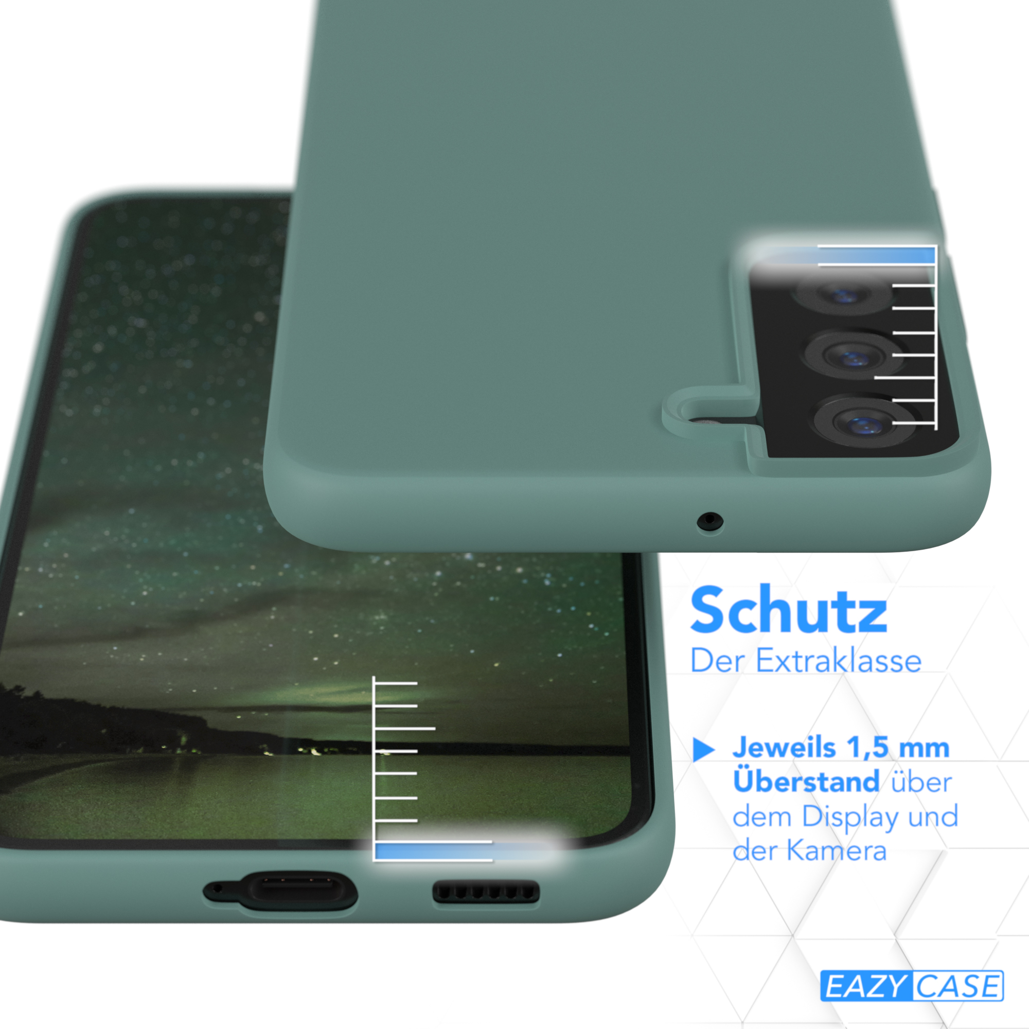 Nahaufnahme einer Handyhülle, Bildschirm und Rückseite des Telefons sichtbar. Textüberlagerung.