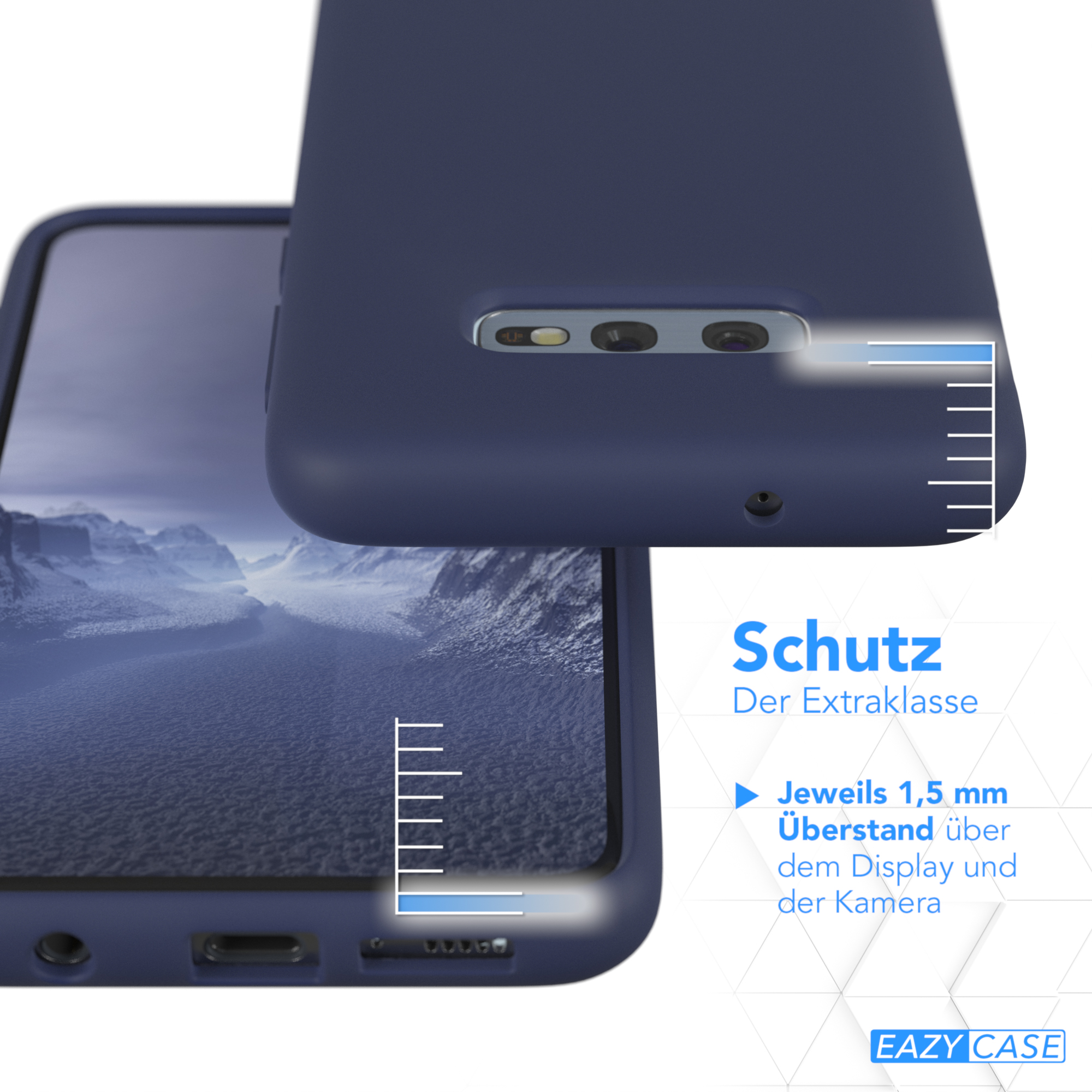 Eine marineblaue Handyhülle mit einem Telefon darin, die den zusätzlichen Schutz um die Kamera zeigt.