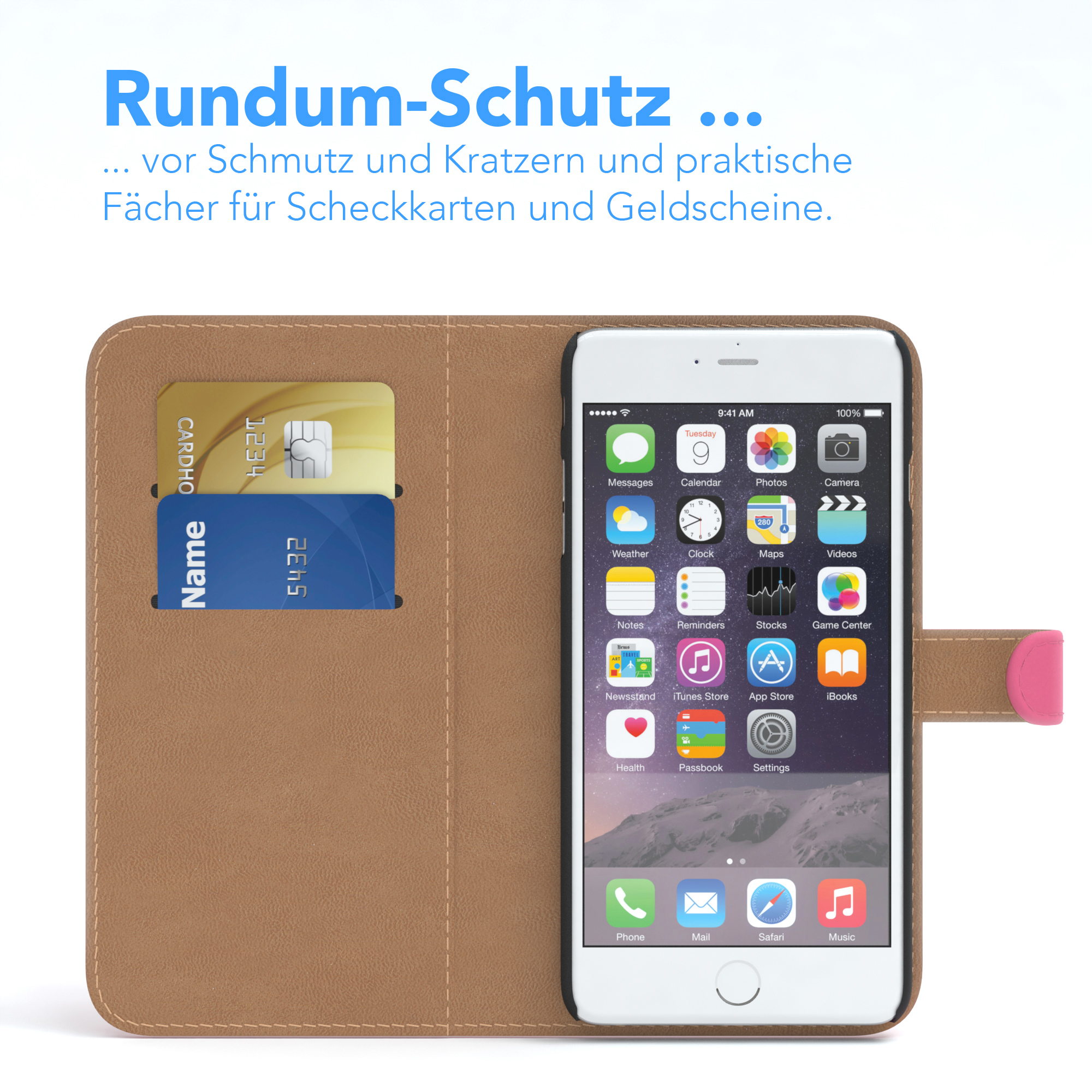 Telefon in einer Hülle mit Karten darin. Der Bildschirm des Telefons zeigt einen Startbildschirm an.