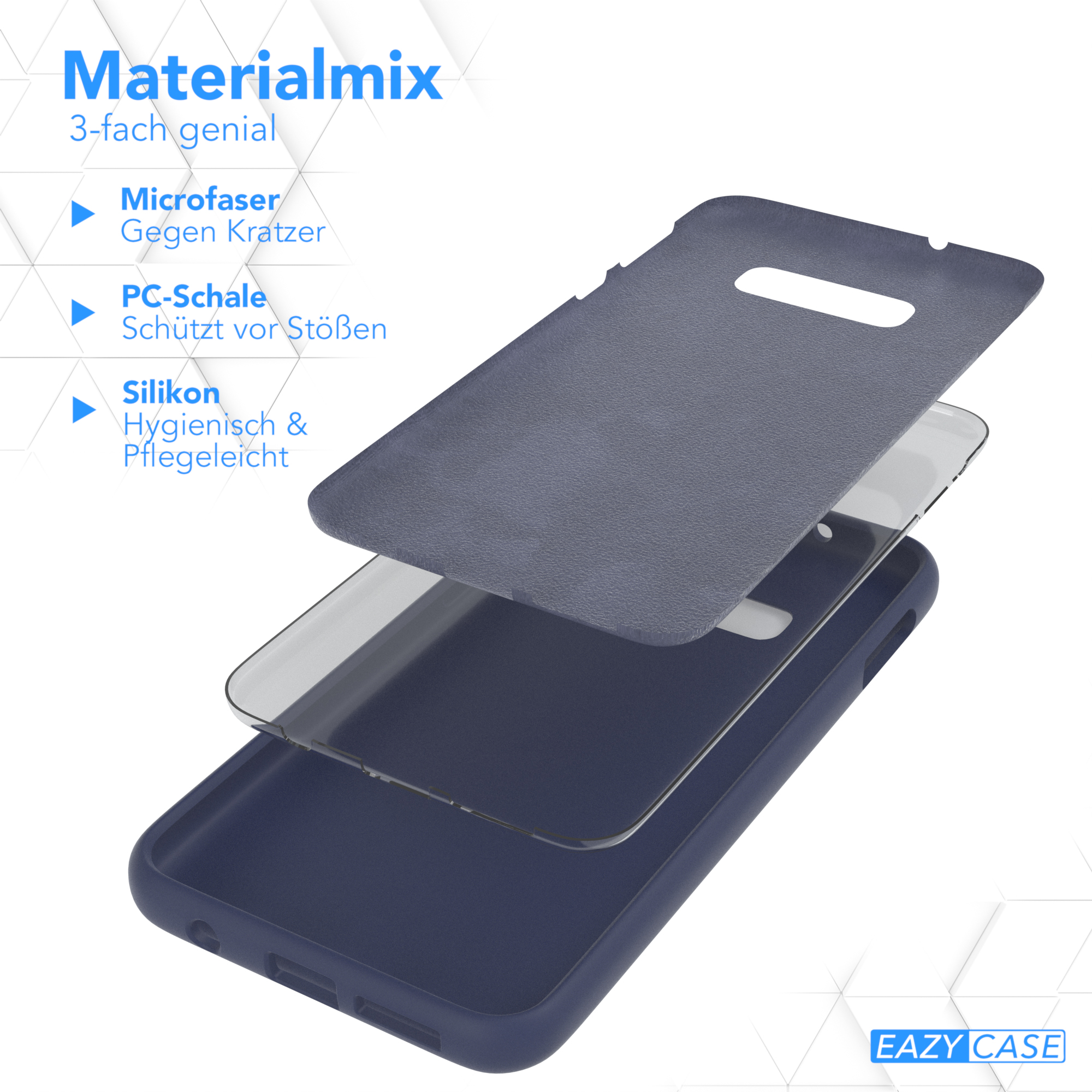 Handyhüllen-Schichten: Mikrofaser, Polycarbonat und Silikon. Text 'Materialmix'.