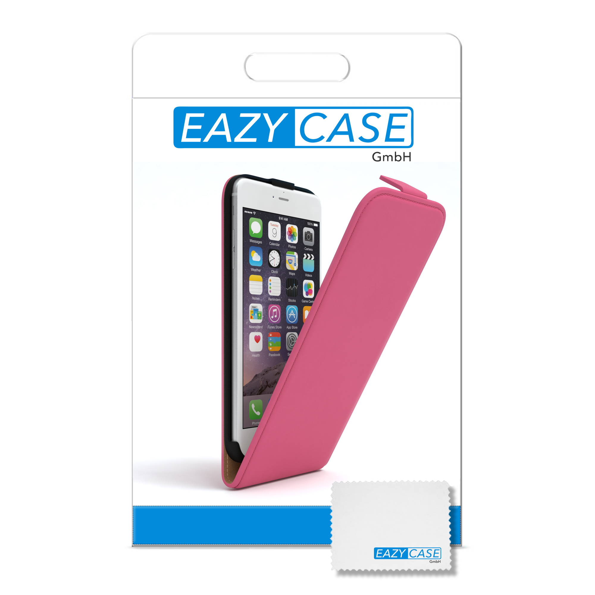 Rosa Handyhülle mit Telefon in einer weißen Box. Text: EAZY CASE.