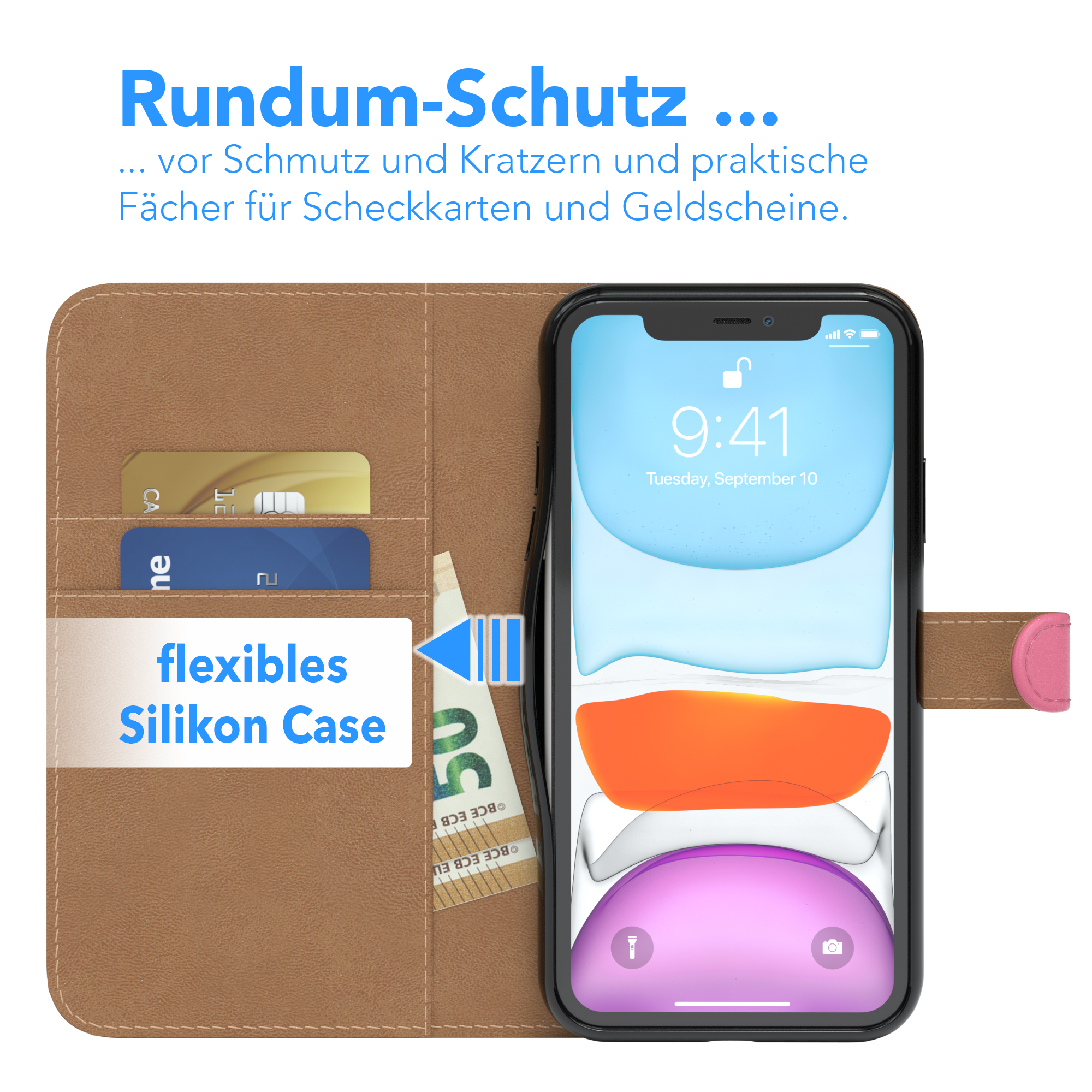 Handyhülle mit zwei Kreditkartenfächern und einem Telefon. Braune und schwarze Materialien.