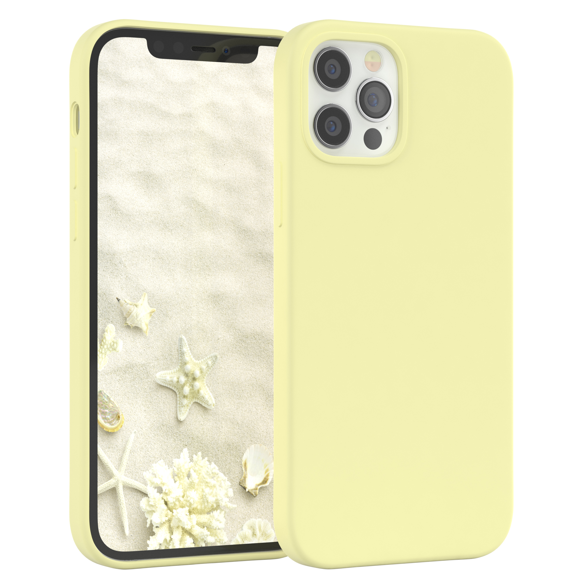 Gelbe Handyhülle mit Telefon. Strandhintergrund mit Muscheln und Seesternen.
