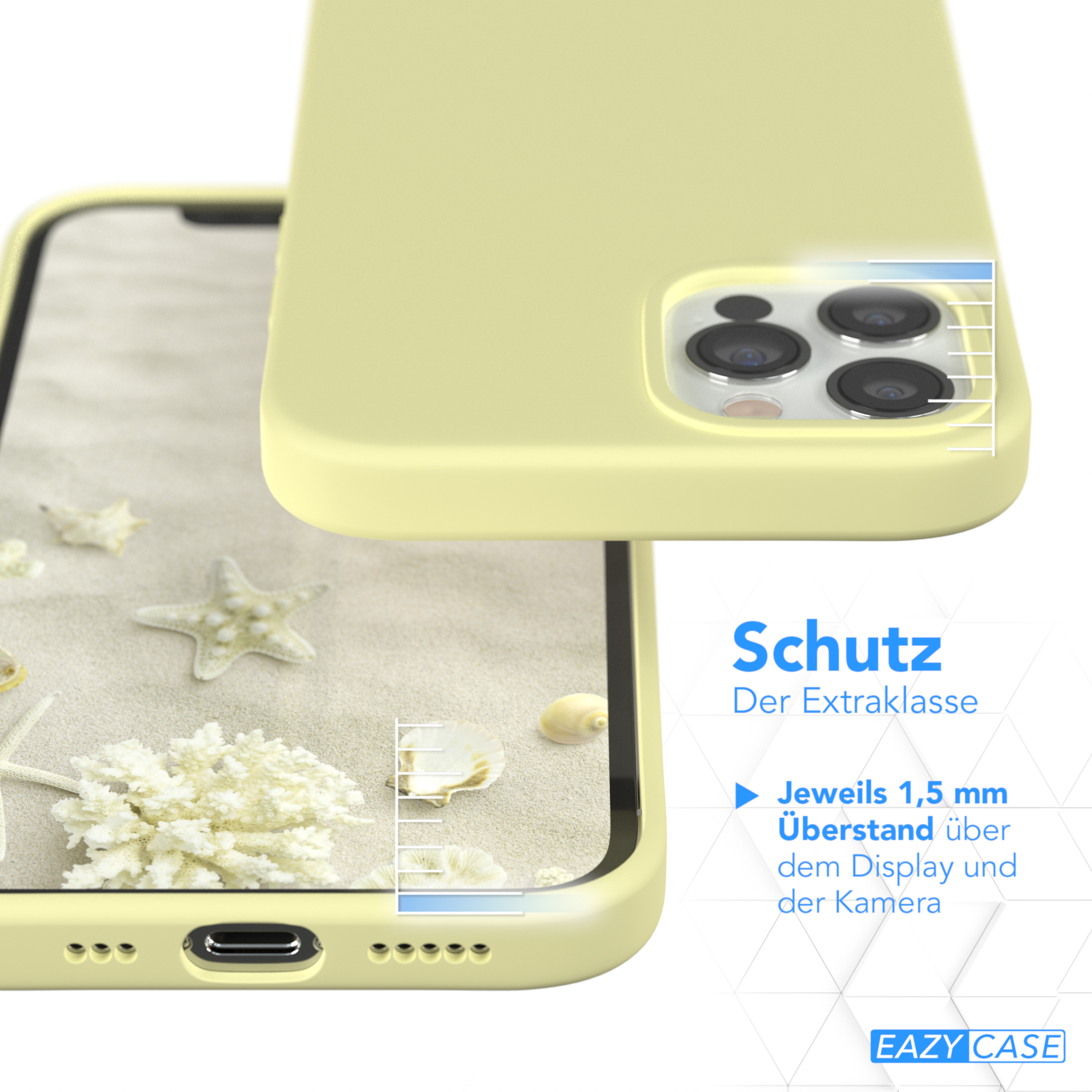 Gelbe Handyhülle auf Sand mit Muscheln und Seesternen. Text rechts. Weiße Linien zeigen die Höhe.