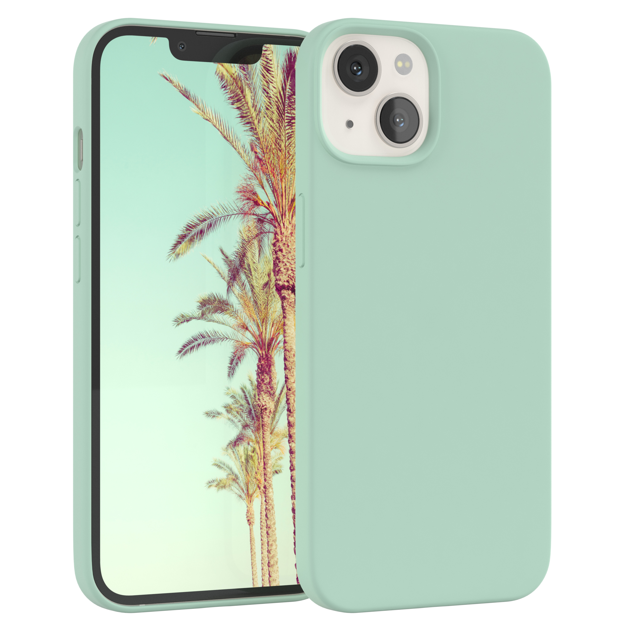 Mintgrüne Handyhülle auf einem Telefon, das Palmen auf dem Bildschirm zeigt. Weißer Hintergrund.