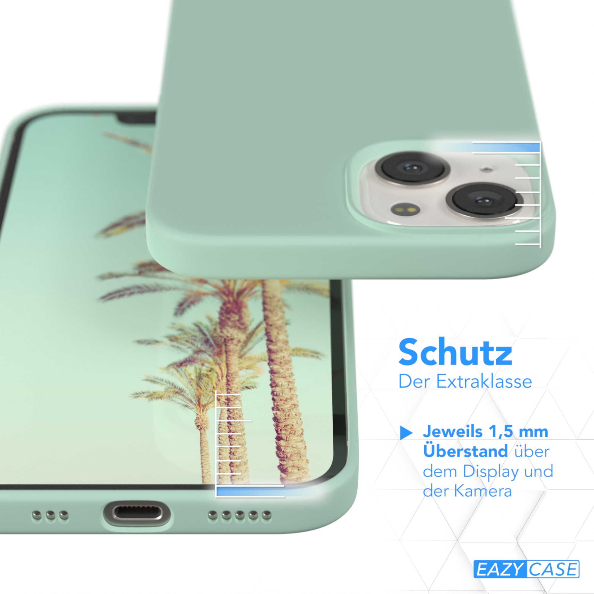 Nahaufnahme von Telefon und Hülle mit Palmenbild auf dem Bildschirm.
