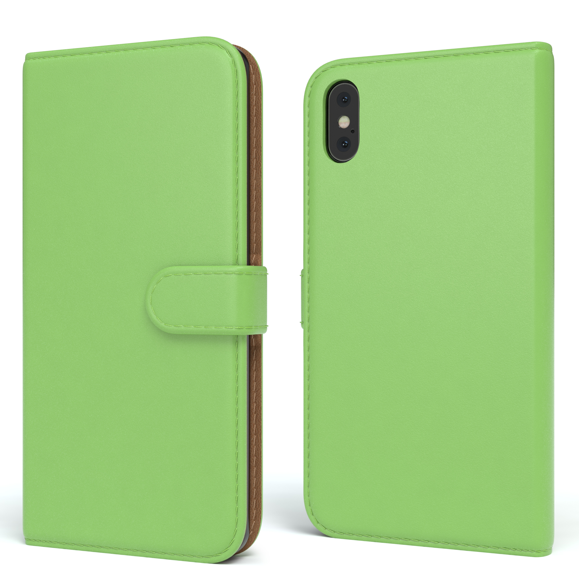 Grüne Handyhülle offen, zeigt ein Telefon. EAZY CASE Logo. Braunes Innen und Leder.