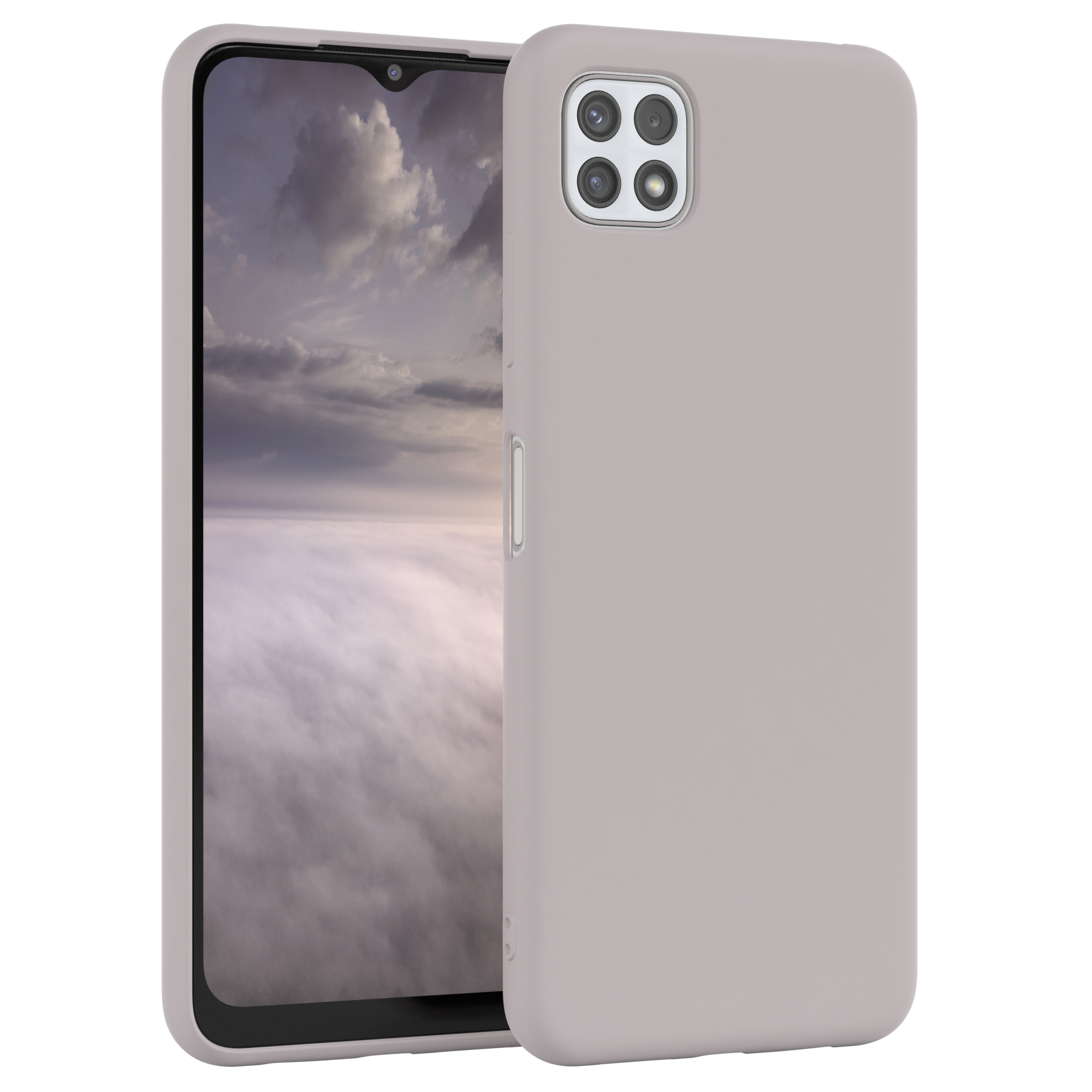 Handyhülle mit Telefon darin, hellgraue Hülle.