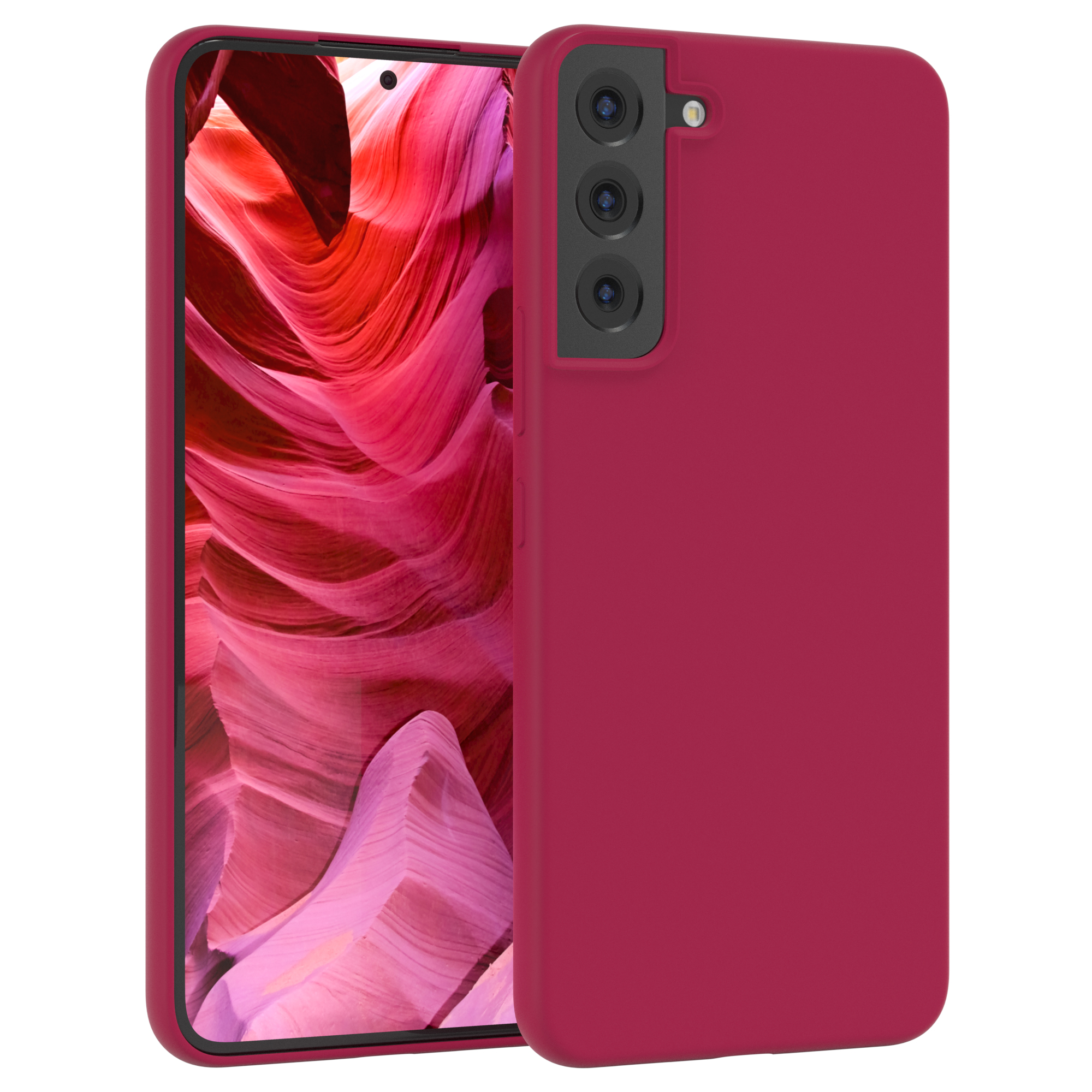 Rote Handyhülle und Telefon, nebeneinander.