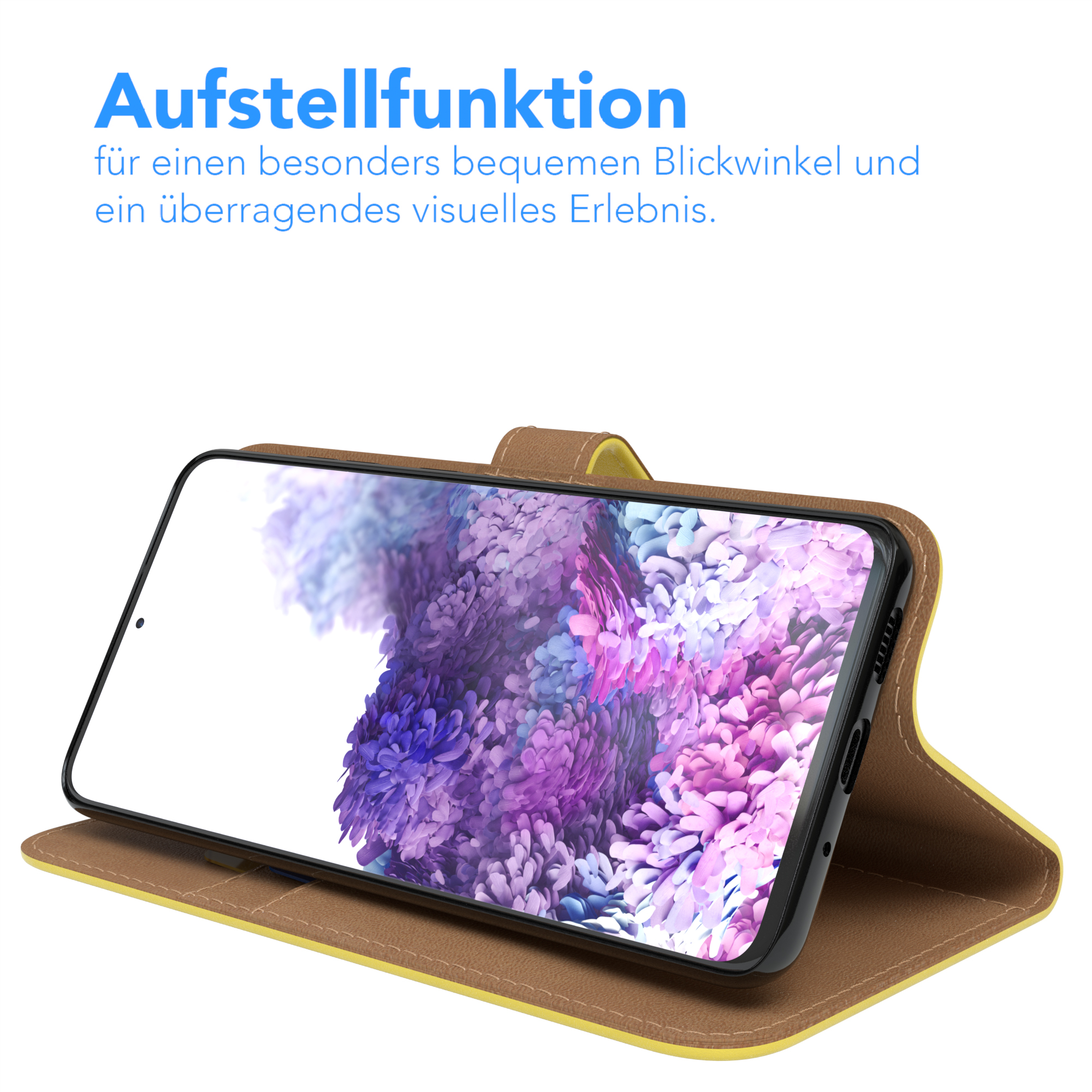 Ein Telefon in einer braunen Hülle, zum Betrachten aufgestellt. Der Bildschirm zeigt ein lila Muster.
