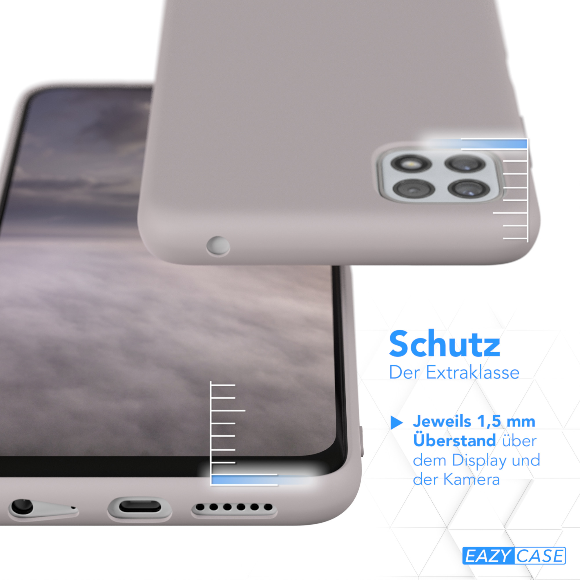 Handyhülle mit Telefon, schützendes Design, Text hebt zusätzliche Schutzfunktionen hervor.