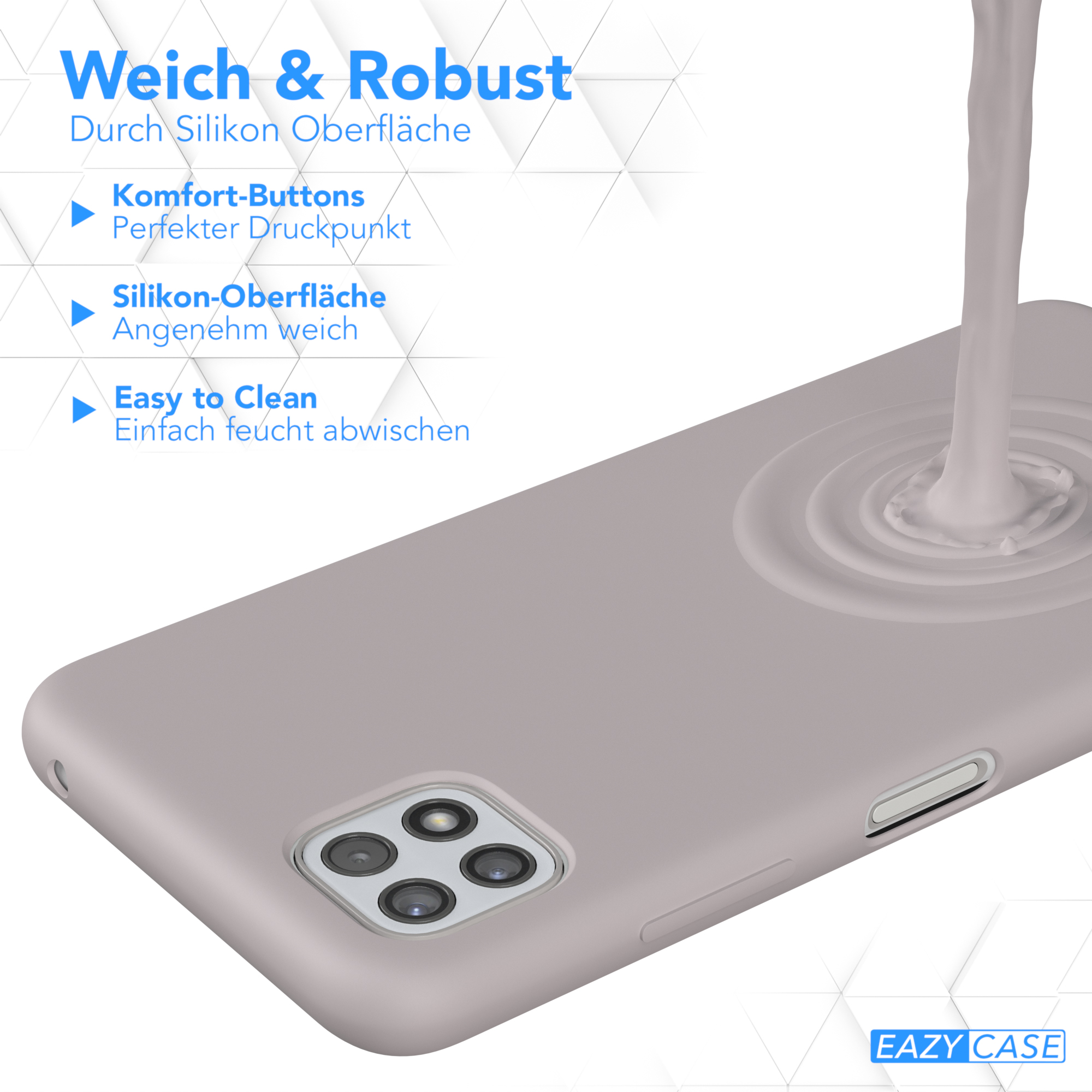 Eine Handyhülle mit Flüssigkeit, die darauf gegossen wird, zeigt die Silikonoberfläche. Text: Weich & Robust, Easy to Clean.