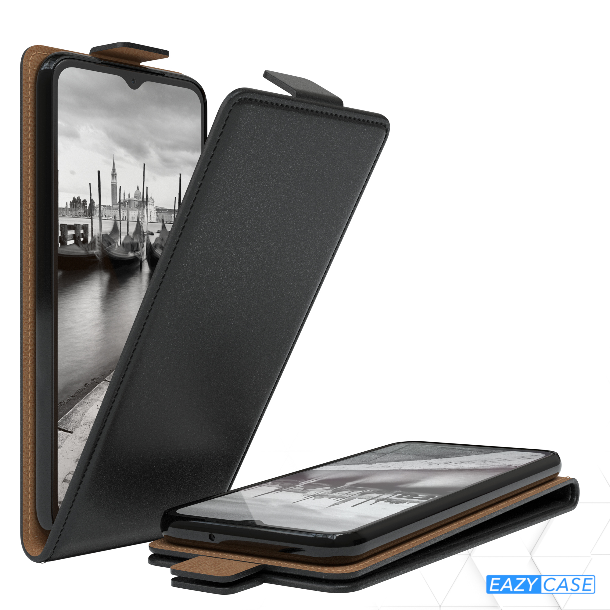 Schwarze Handyhülle mit offener Klappe, die ein Telefon zeigt. Das Telefon zeigt ein Venedig-Bild.