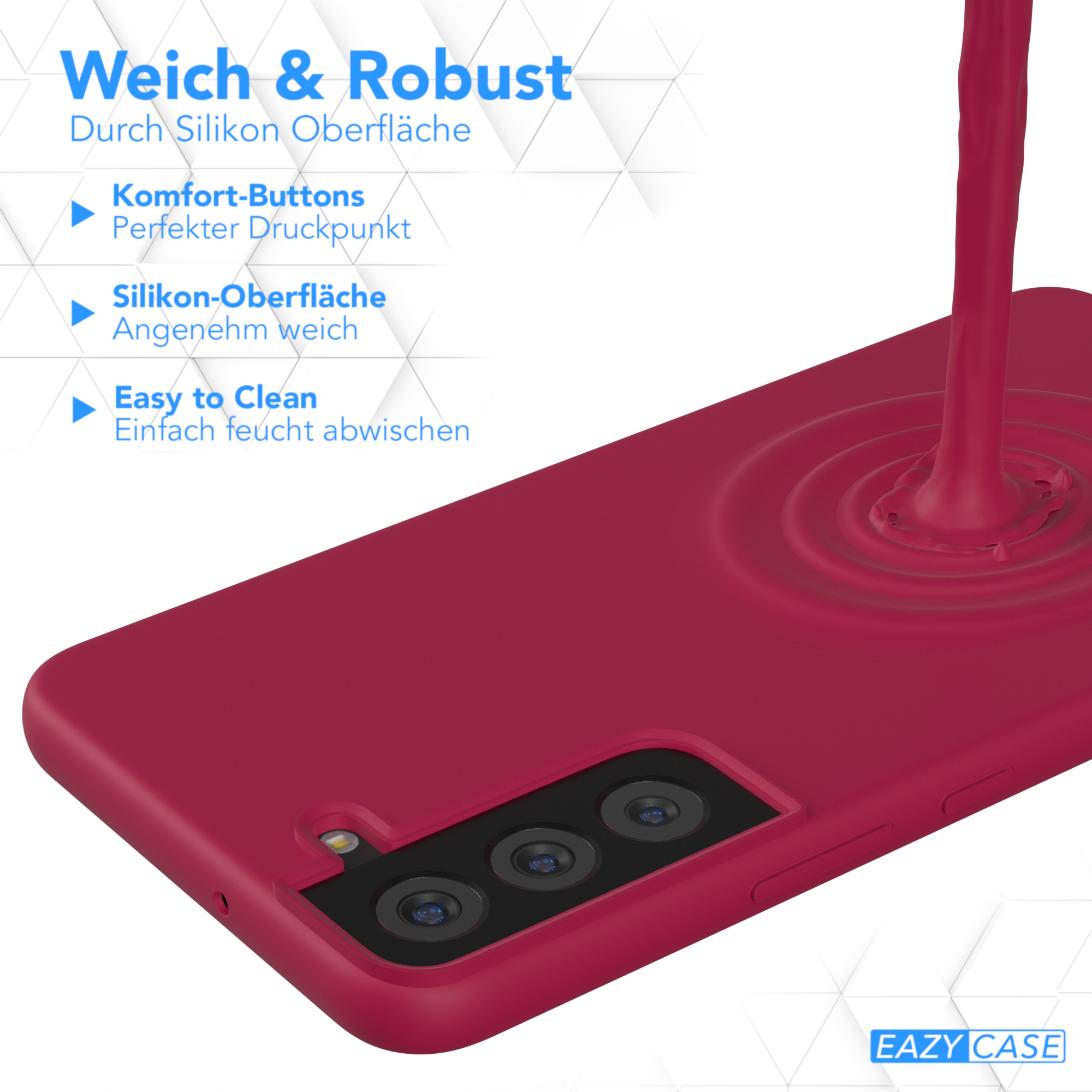 Rote Handyhülle mit Flüssigkeitsguss. Text: 'Weich & Robust'.