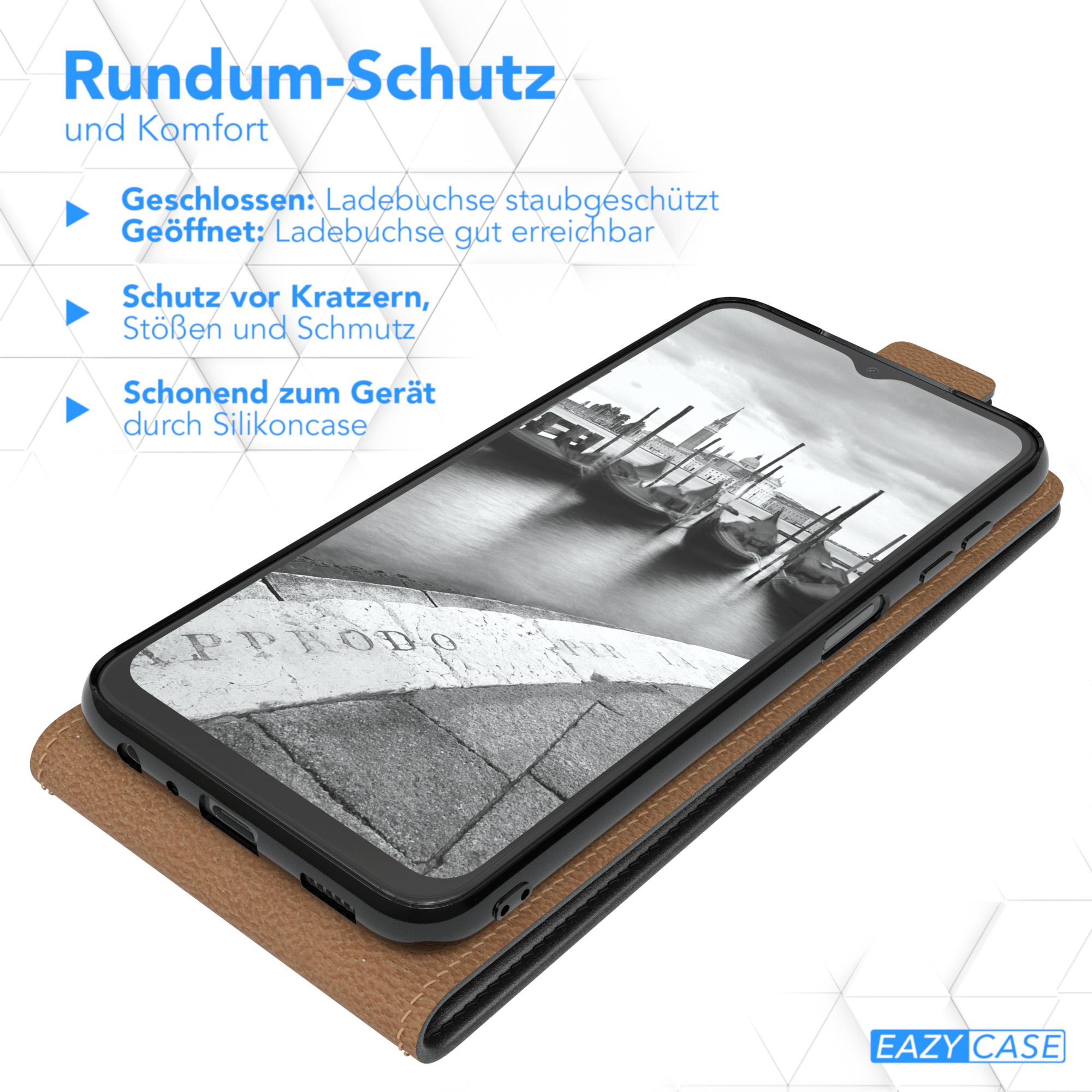 Telefon in brauner Hülle mit Stadtbild auf dem Bildschirm. Text: Rundum-Schutz, und Ladenbuchse.