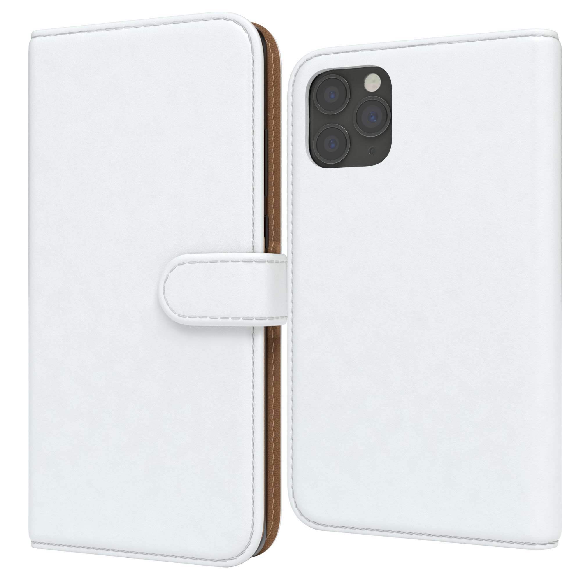 Weißes Leder-Handycase, offen. Zeigt das Telefon und Innentaschen. Braunes Leder außen.