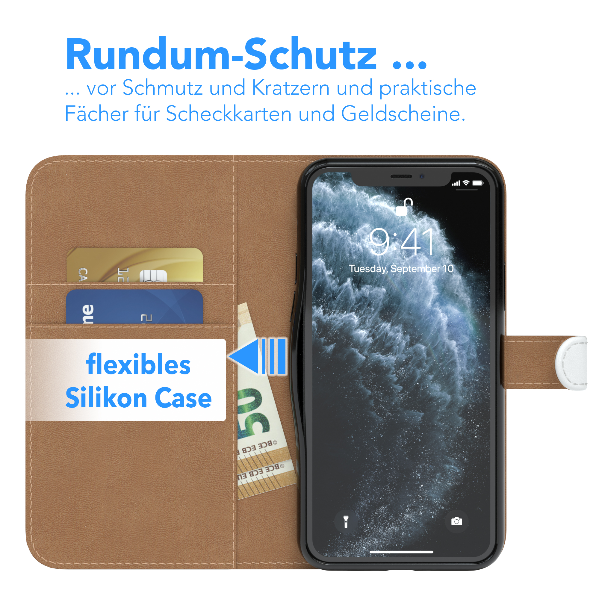Smartphone in brauner Lederhülle mit Kartenfächern und Geldfach. Der Bildschirm ist eingeschaltet.
