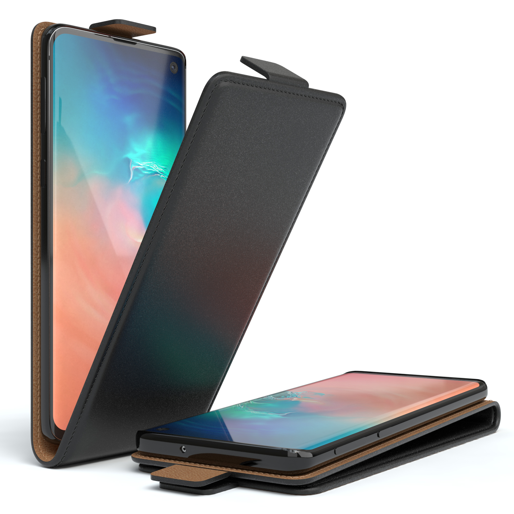 Schwarze Handyhülle mit offenem Telefon, Bildschirm sichtbar.