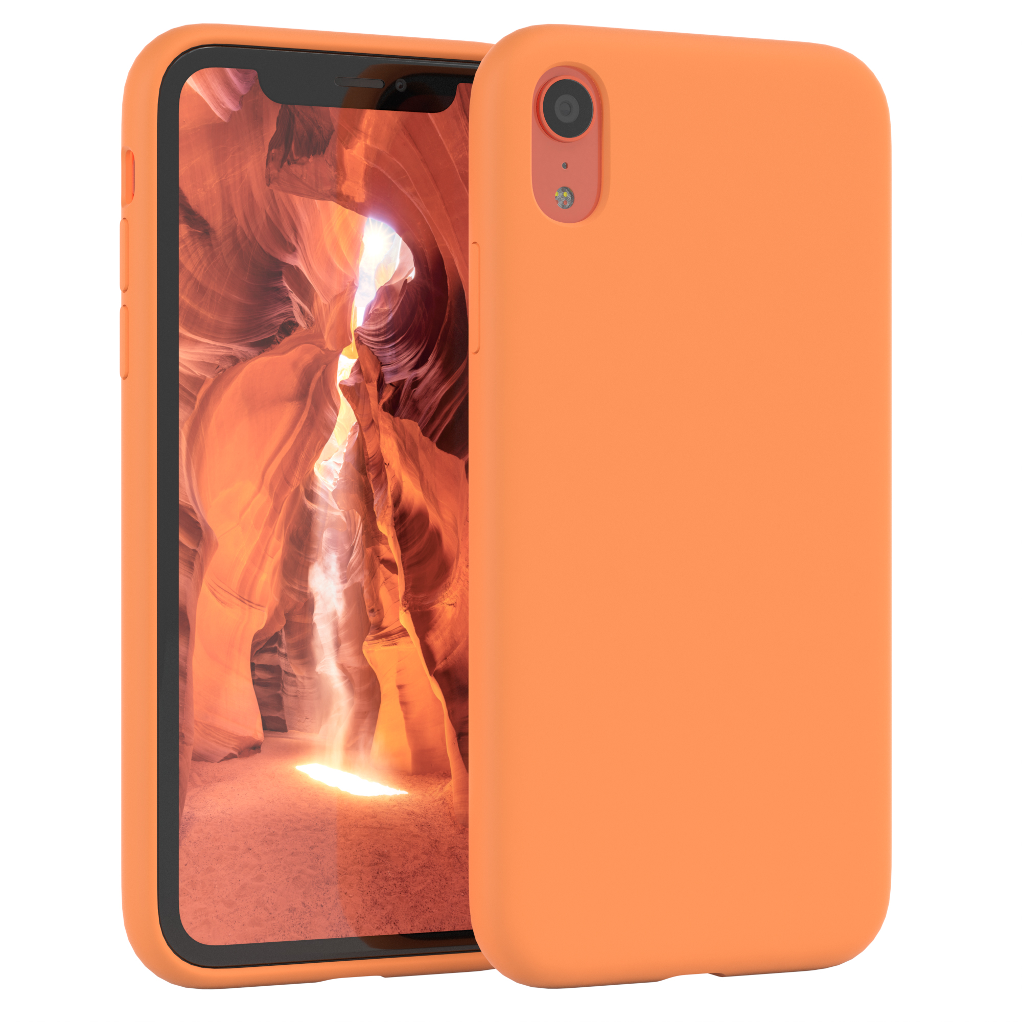 Orangefarbenes Telefon mit orangefarbener Hülle. Der Hintergrund ist eine Schluchtszene.