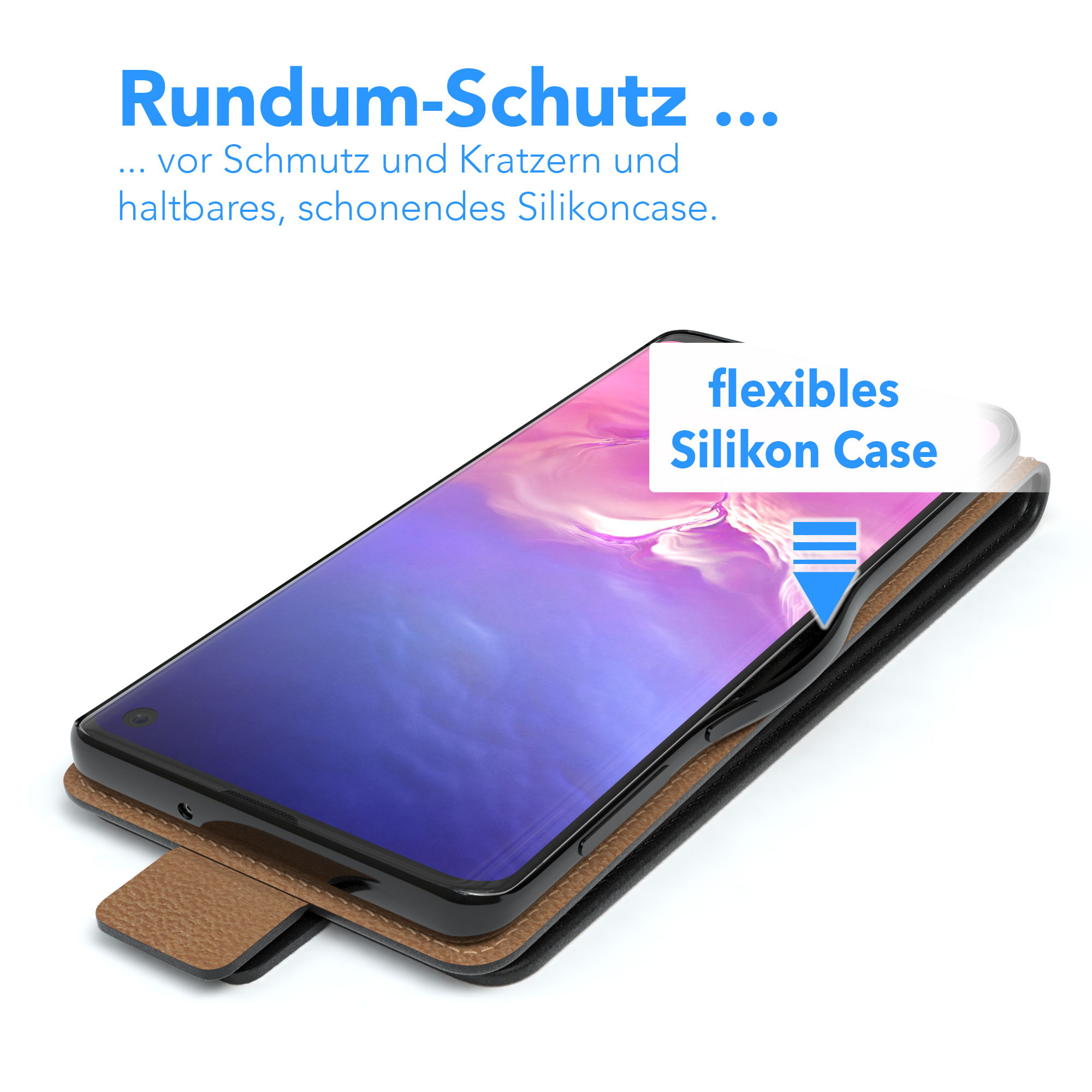 Geöffnete Handyhülle, die das Telefon zeigt. Text: Flexible Silikonhülle. Braune und schwarze Farbtöne.