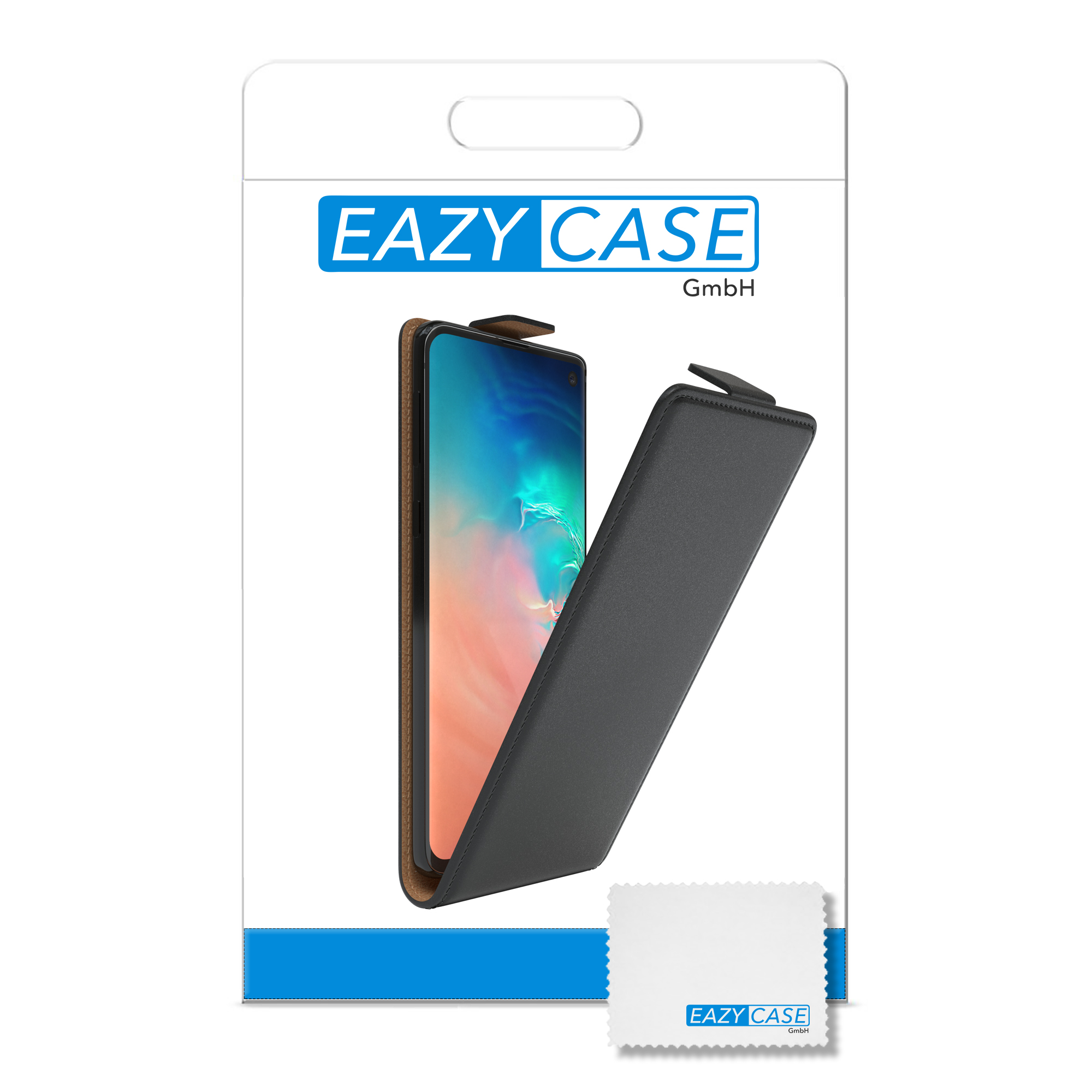 Eine Handyhülle wird in der Verpackung gezeigt. Text: 'EAZY CASE'.