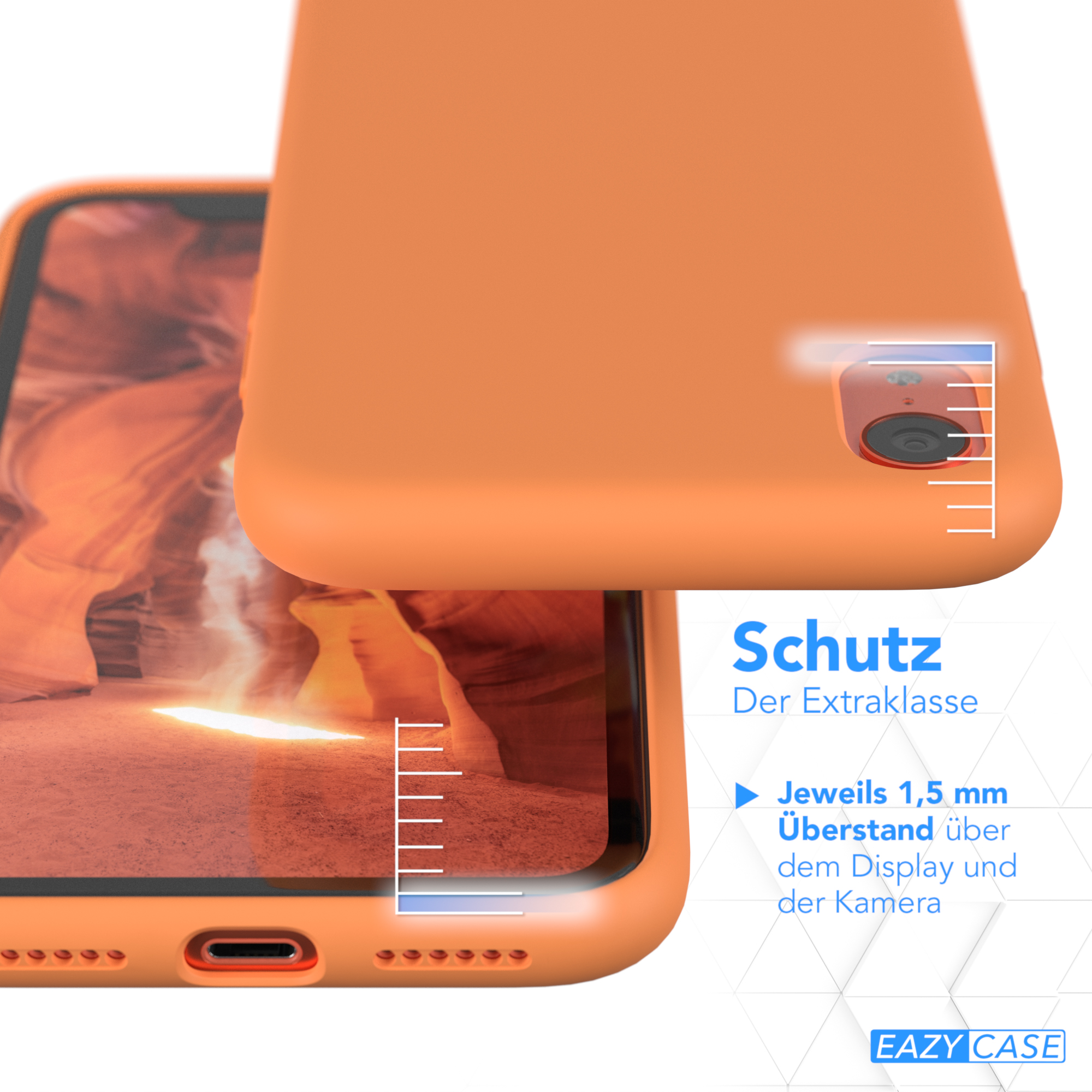 Orangefarbene Handyhülle mit einem Telefon darin. Die Hülle ist offen und das Telefon sichtbar.