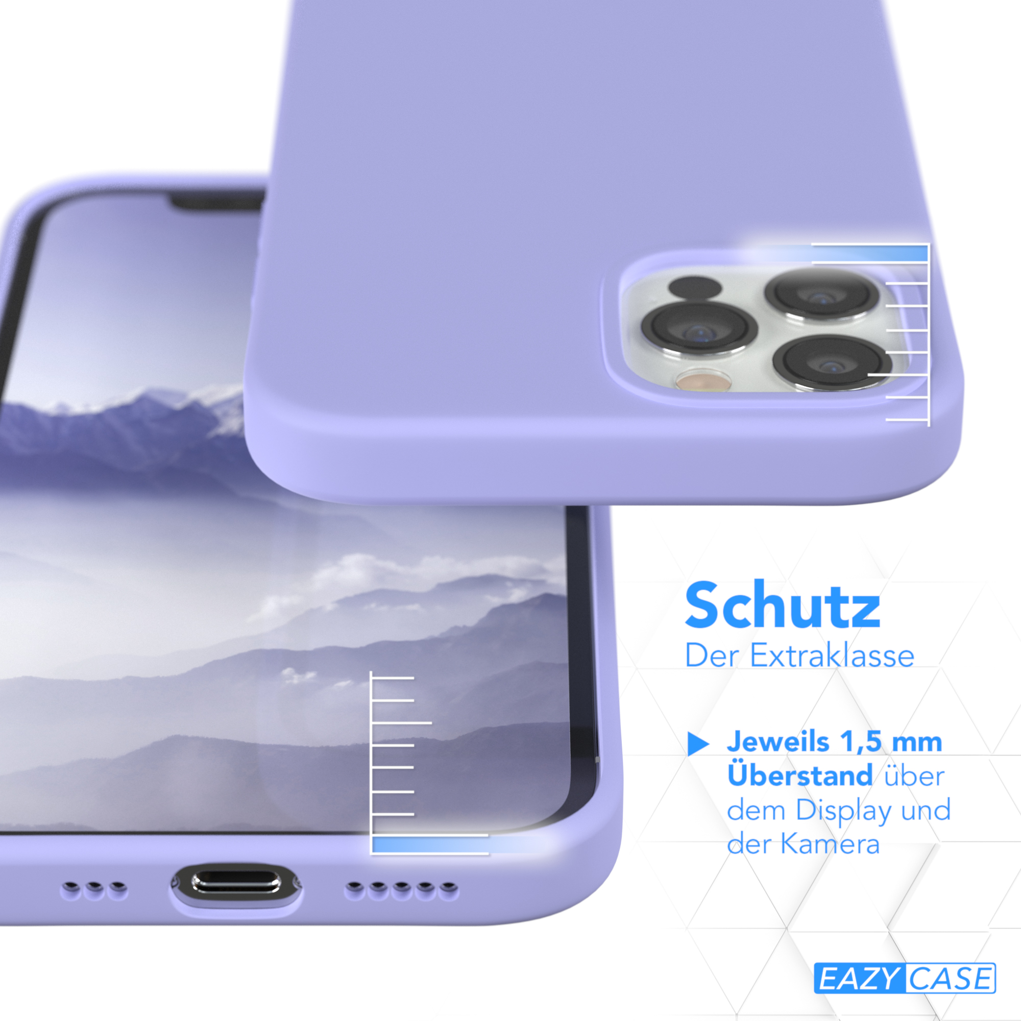 Lila Handyhülle und Telefonbildschirm, mit Text, der Bildschirm- und Kameraschutz angibt.
