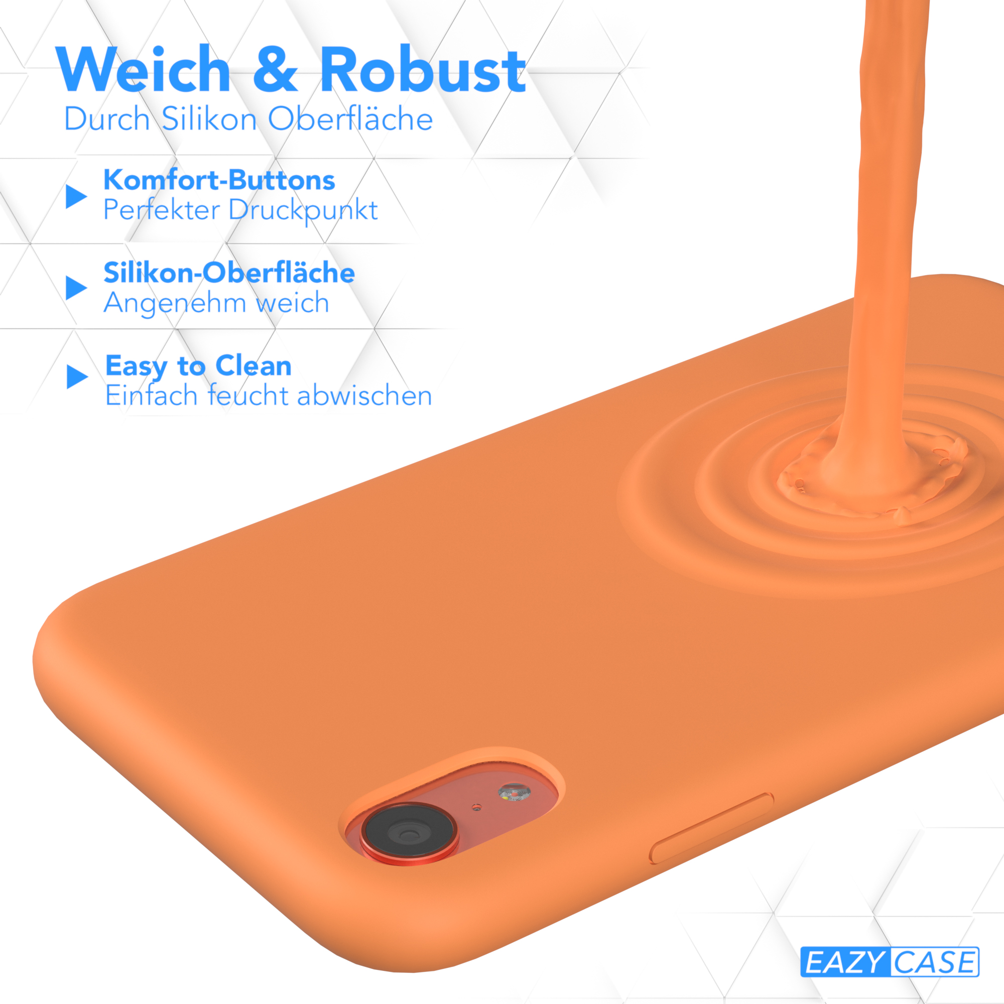 Eine orangefarbene Handyhülle mit Flüssigkeit, die darauf gegossen wird. Text: 'Weich & Robust'.