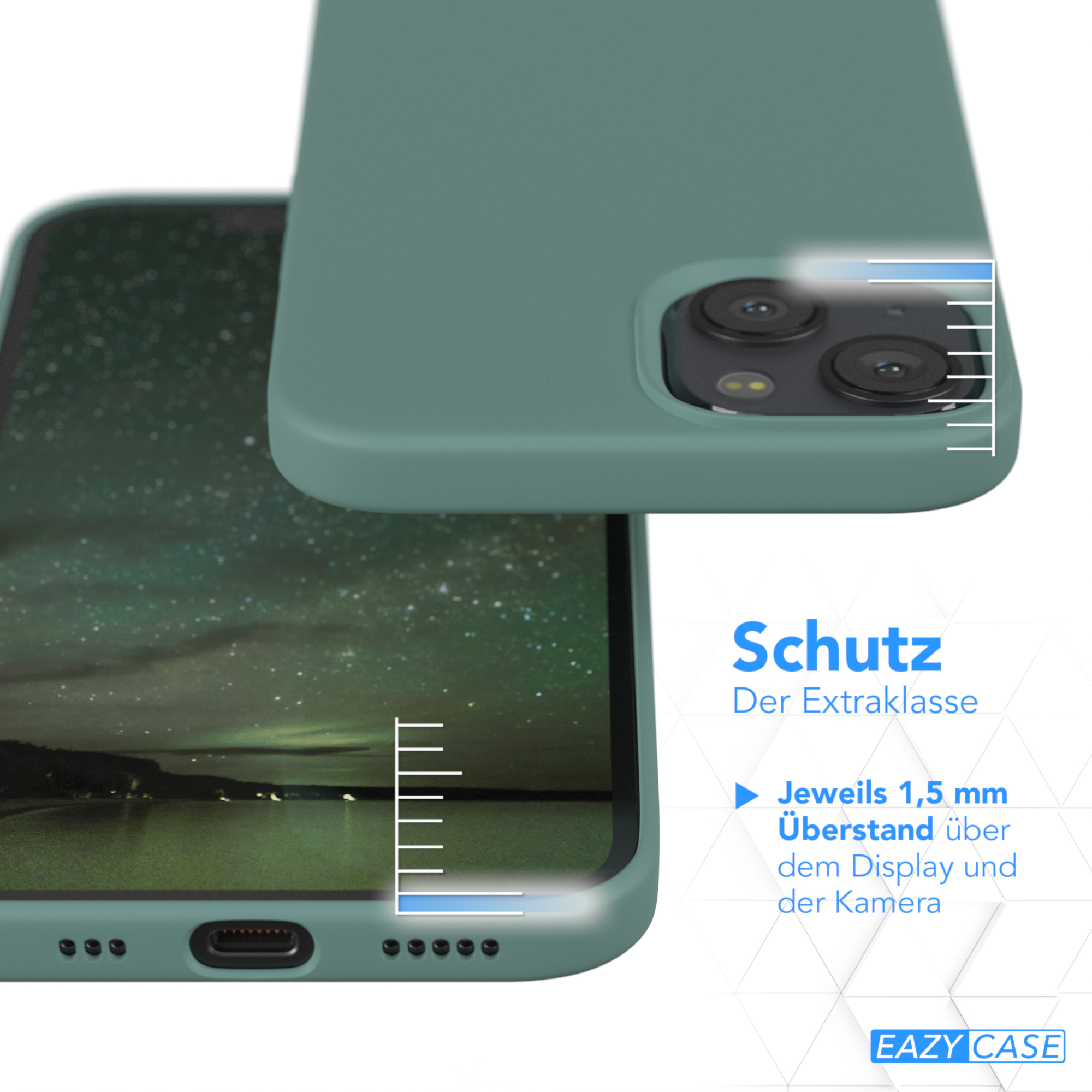 Grüne Handyhülle, zeigt Display und Kamera. Text: 'Schutz'.