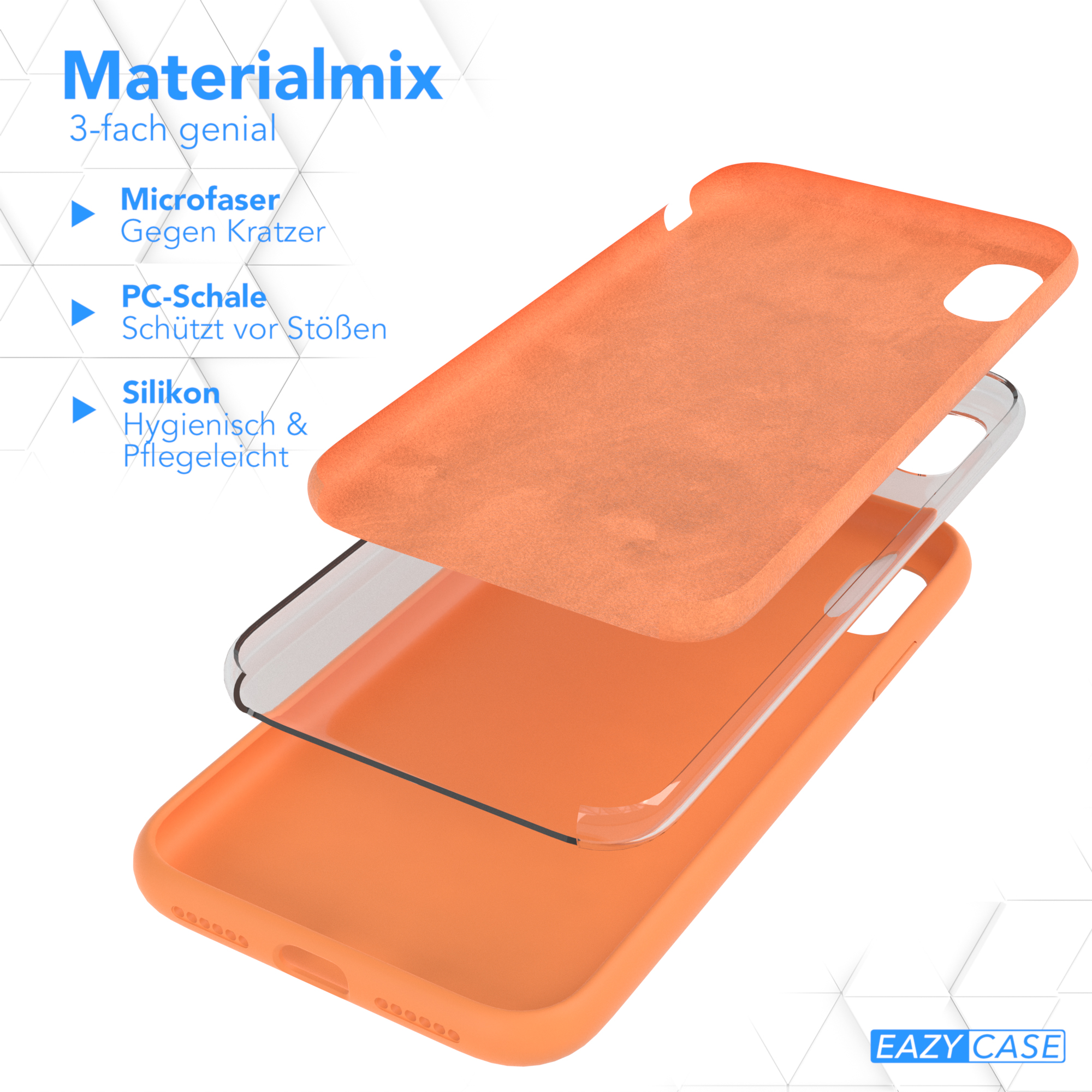 Orangefarbene Handyhüllen-Schichten: Mikrofaser, PC-Schale und Silikon.