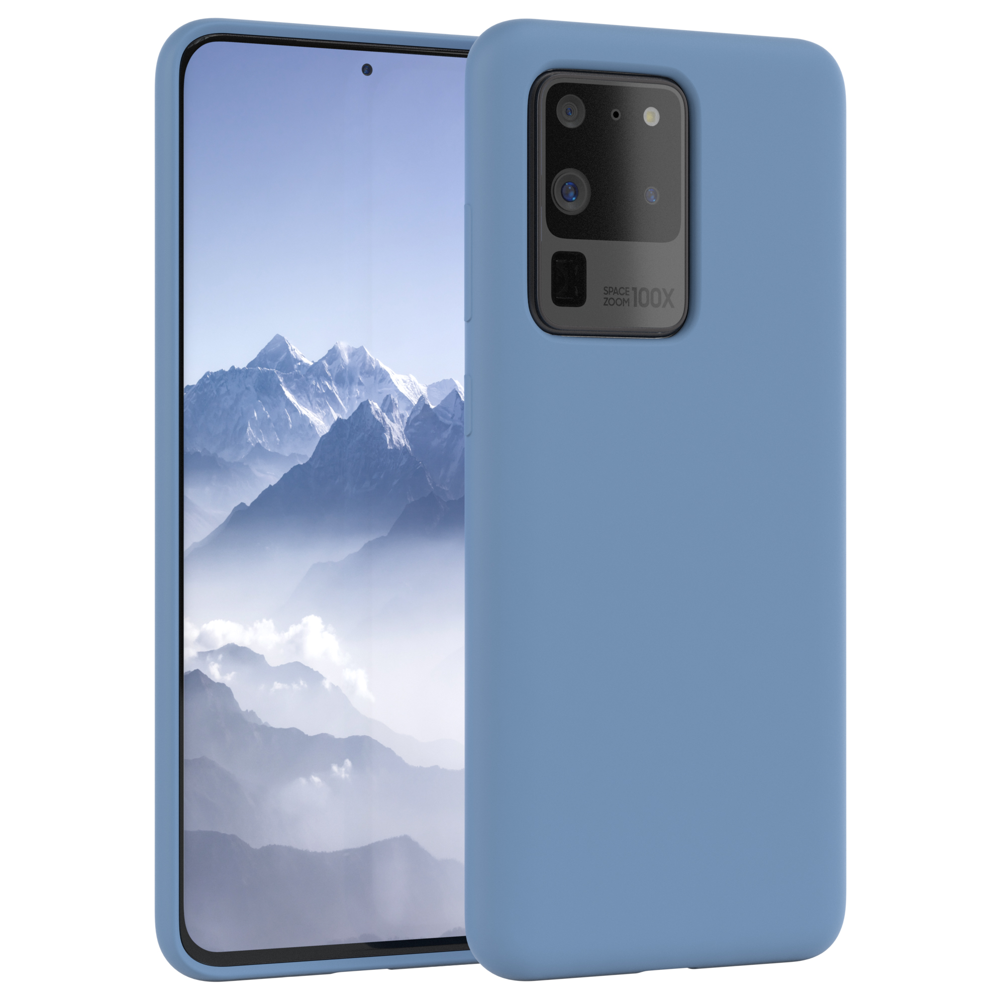 Blaue Handyhülle mit einem Telefon, das eine Berglandschaft zeigt.