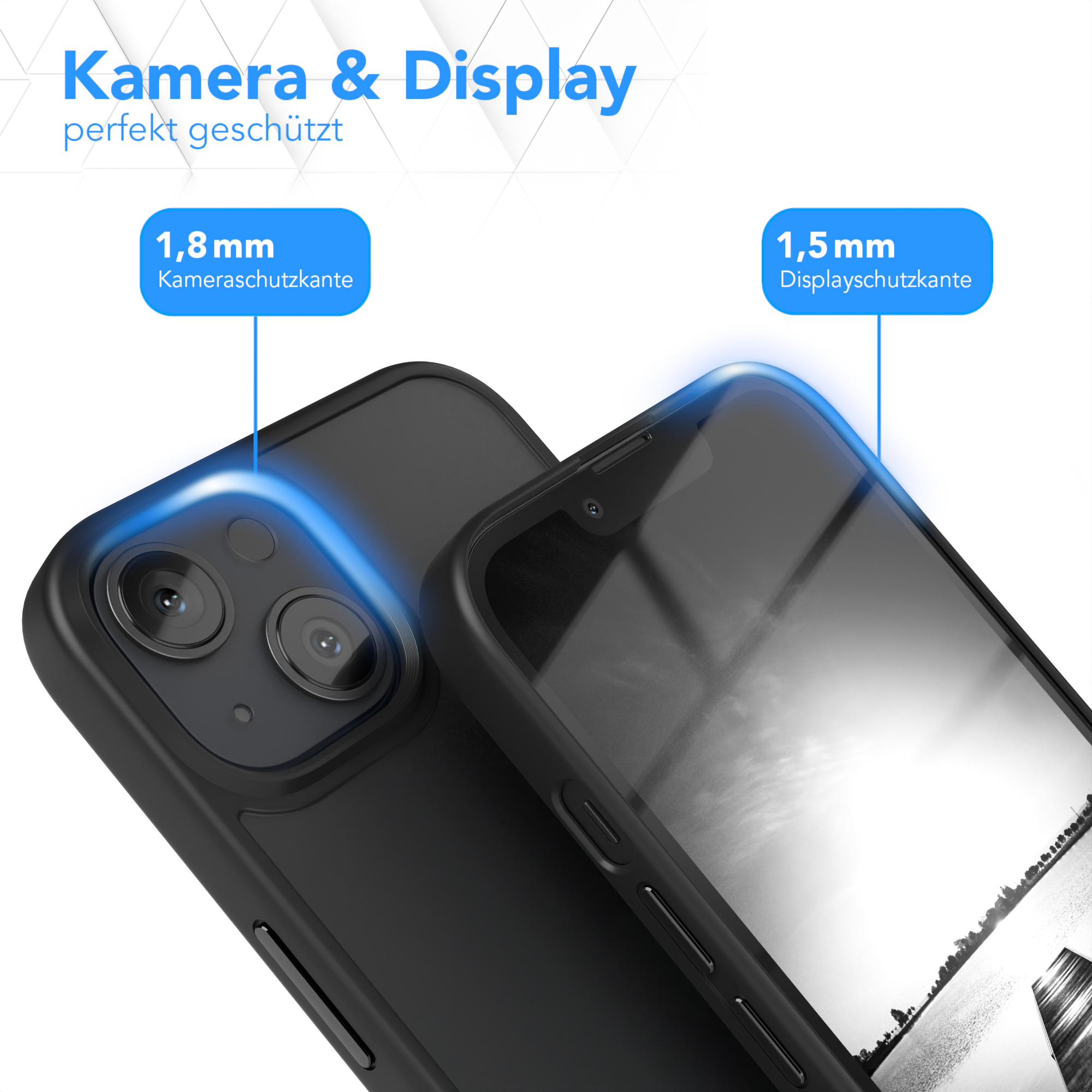 Schwarze Handyhülle über einem Telefon, die Kamera- und Bildschirmschutzdetails zeigt, mit grafischem Text.