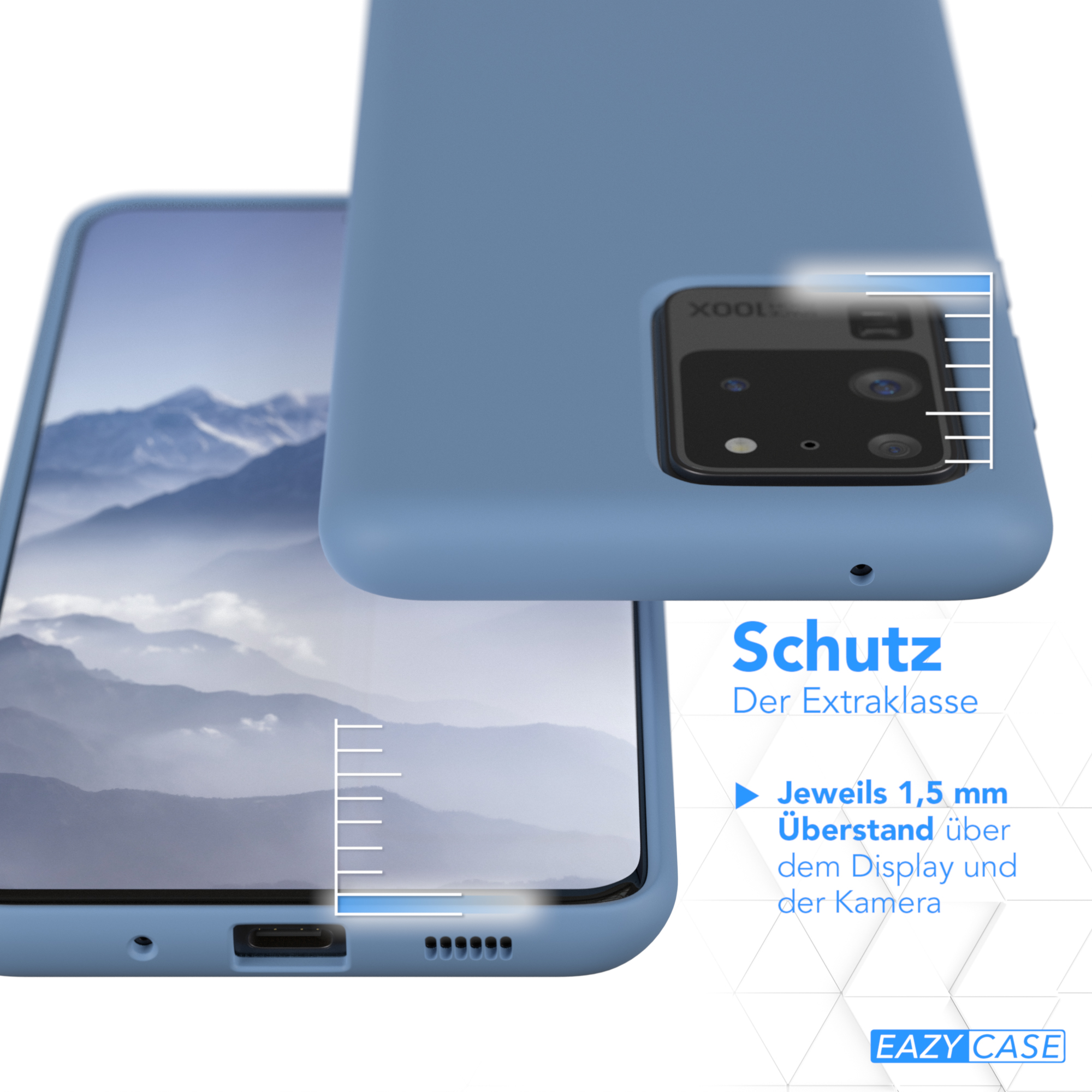 Eine blaue Handyhülle mit einem Telefon darin, mit einer schützenden Kante. Text: Schutz Der Extraklasse.