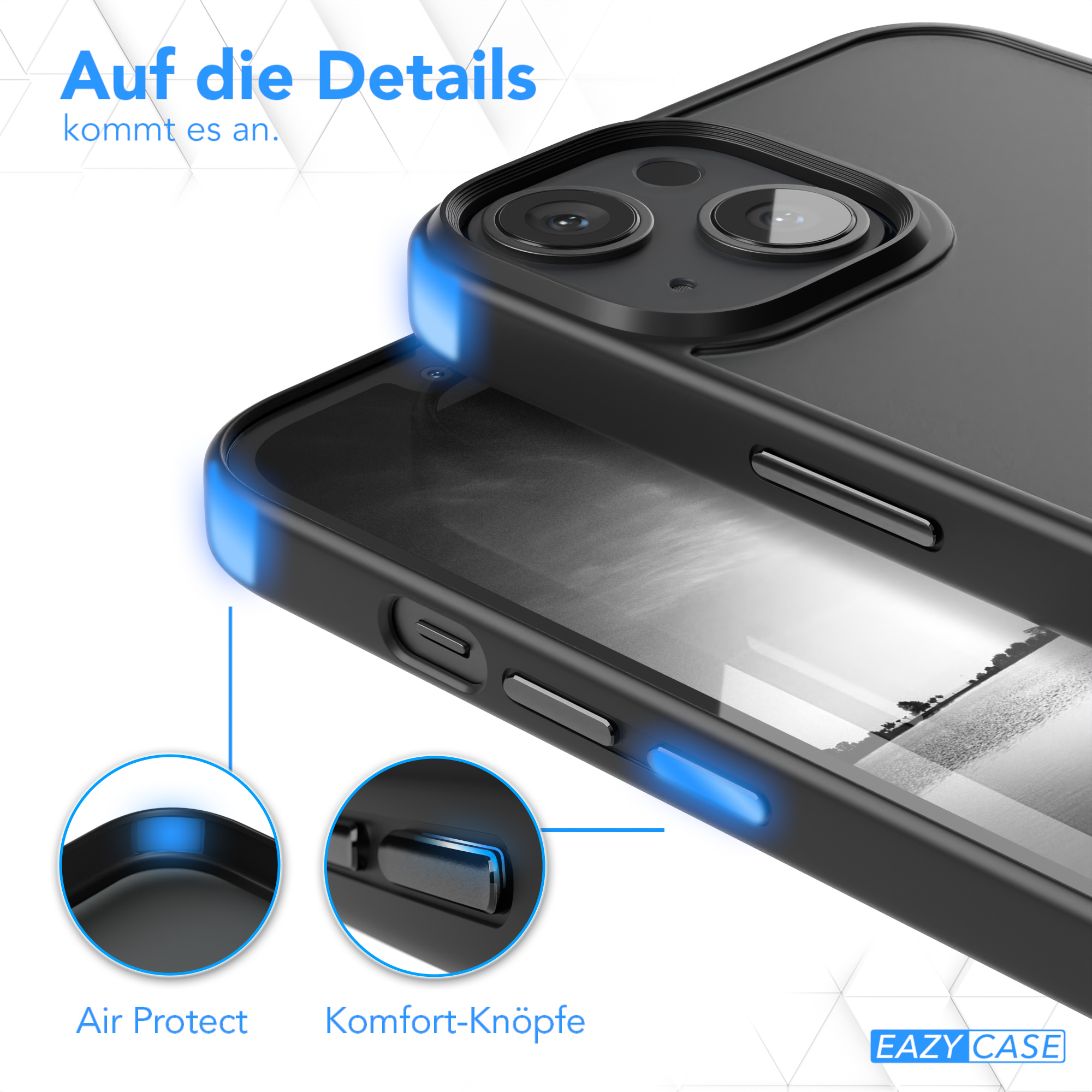 Nahaufnahme einer schwarzen Handyhülle mit blauen Highlights, die Tasten und den Kamerabereich zeigt.