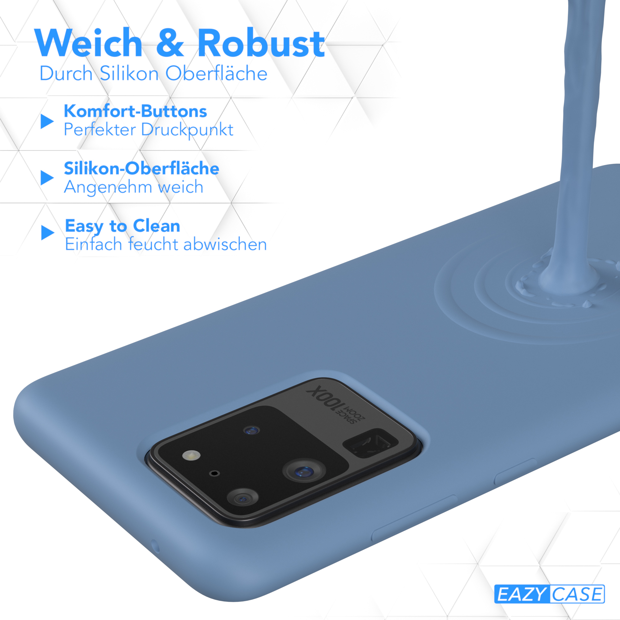 Blaue Handyhülle mit Text: Weich & Robust, Easy to Clean. Eine blaue Flüssigkeit wird von oben auf die Hülle gegossen.