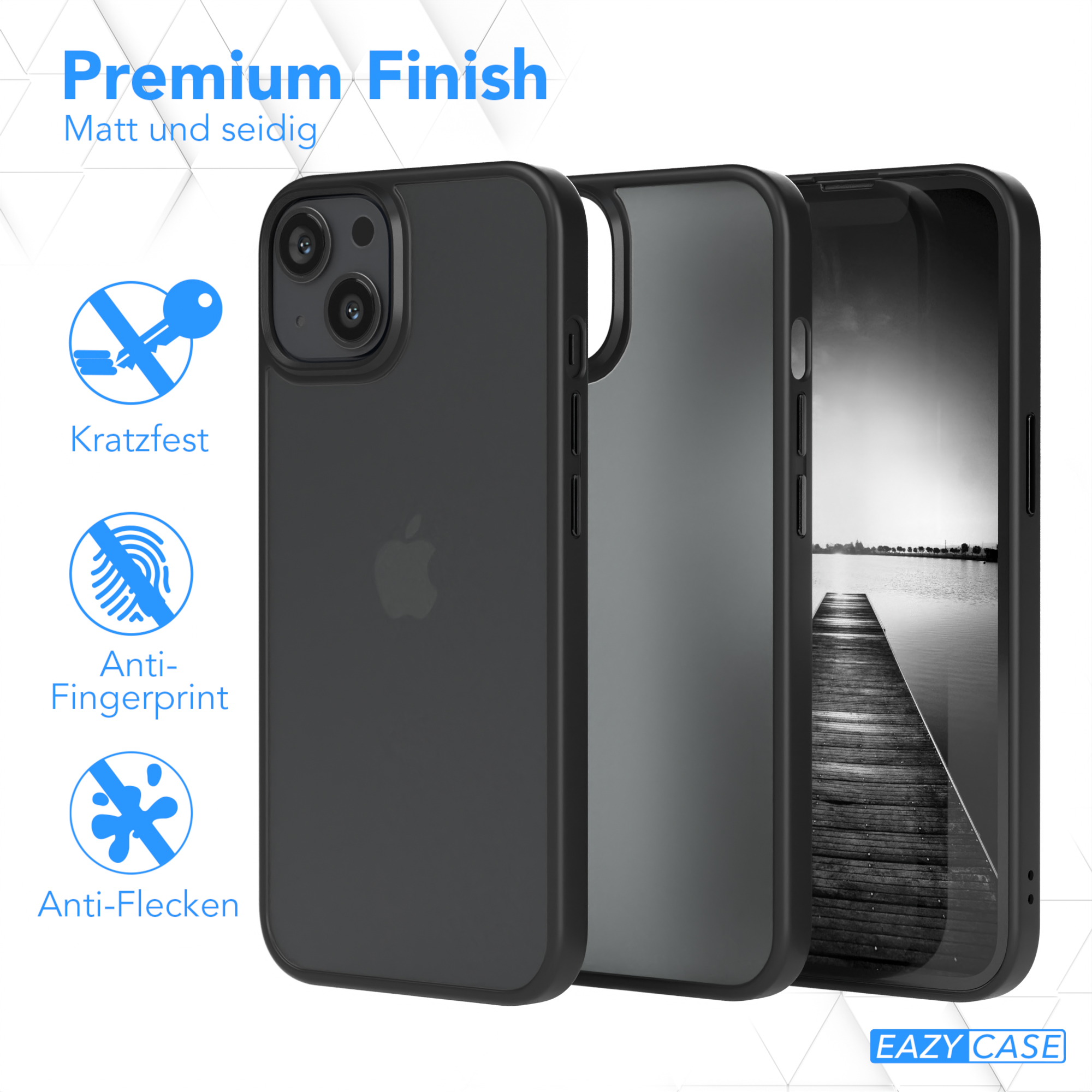 Schwarze Handyhülle mit iPhone und Apple Logo, Text: 'Premium Finish'.
