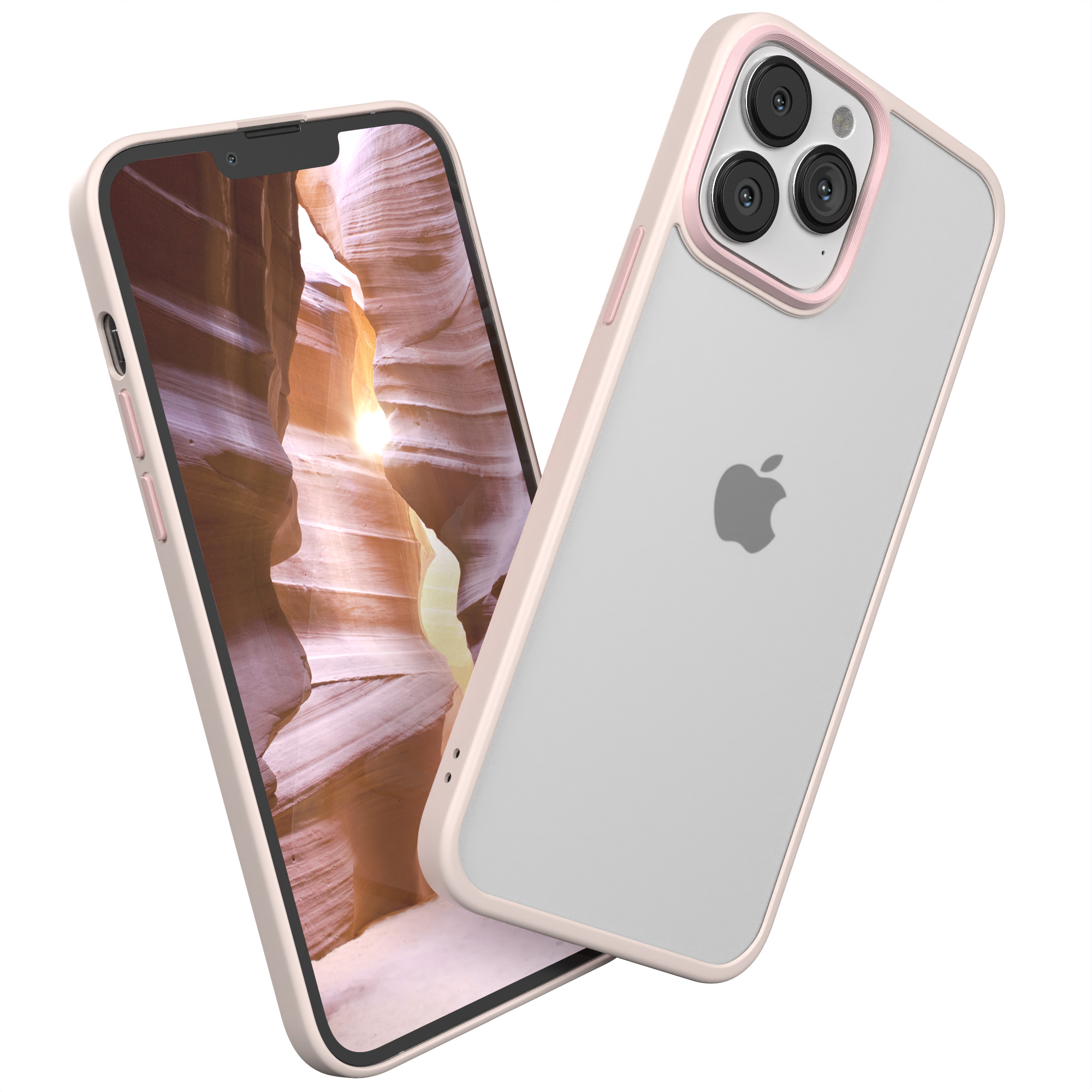 Apple-Telefon mit Canyon-Bild, in hellrosa Hülle.
