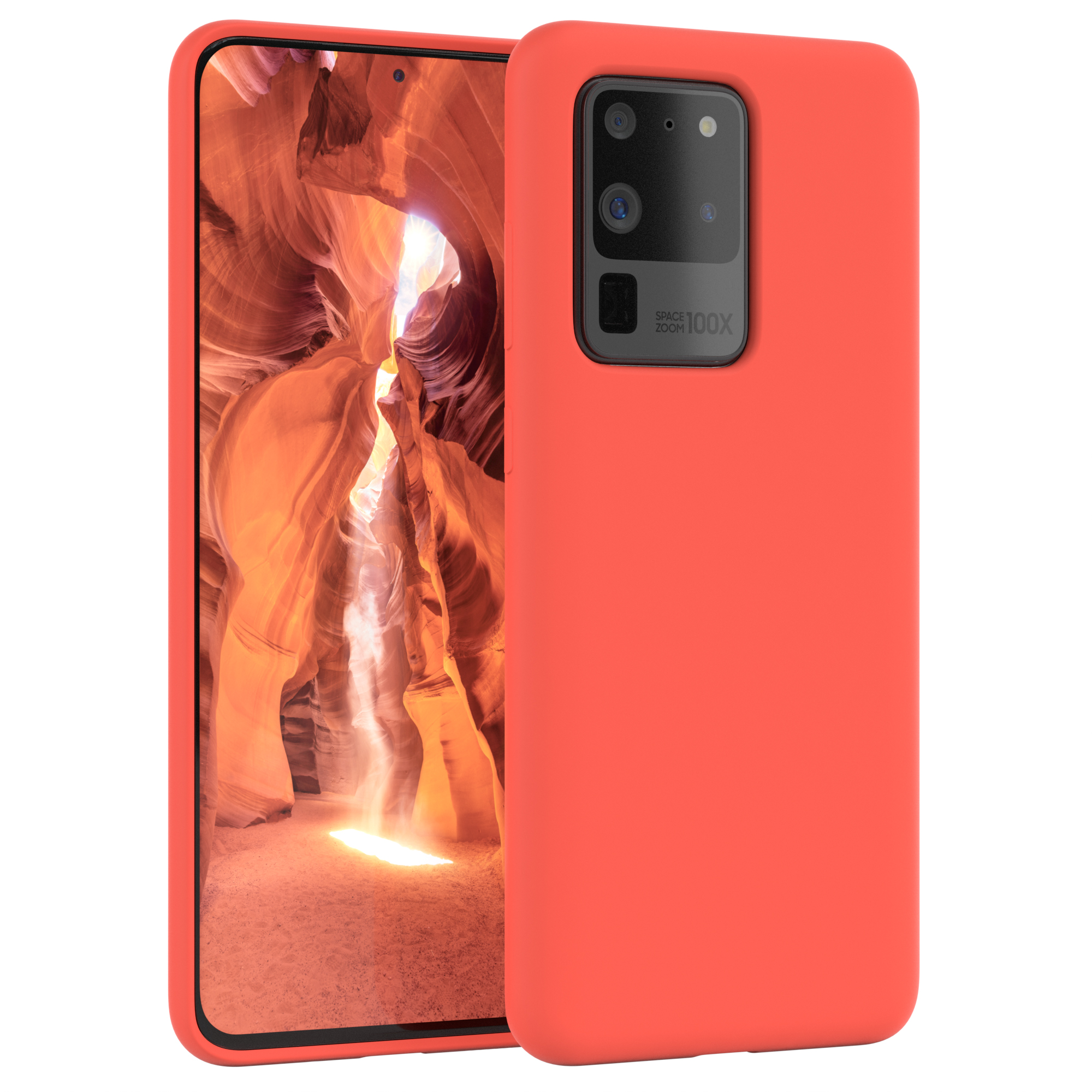 Oranges Telefon in einer Hülle, orangefarbene Felsformation auf dem Bildschirm.
